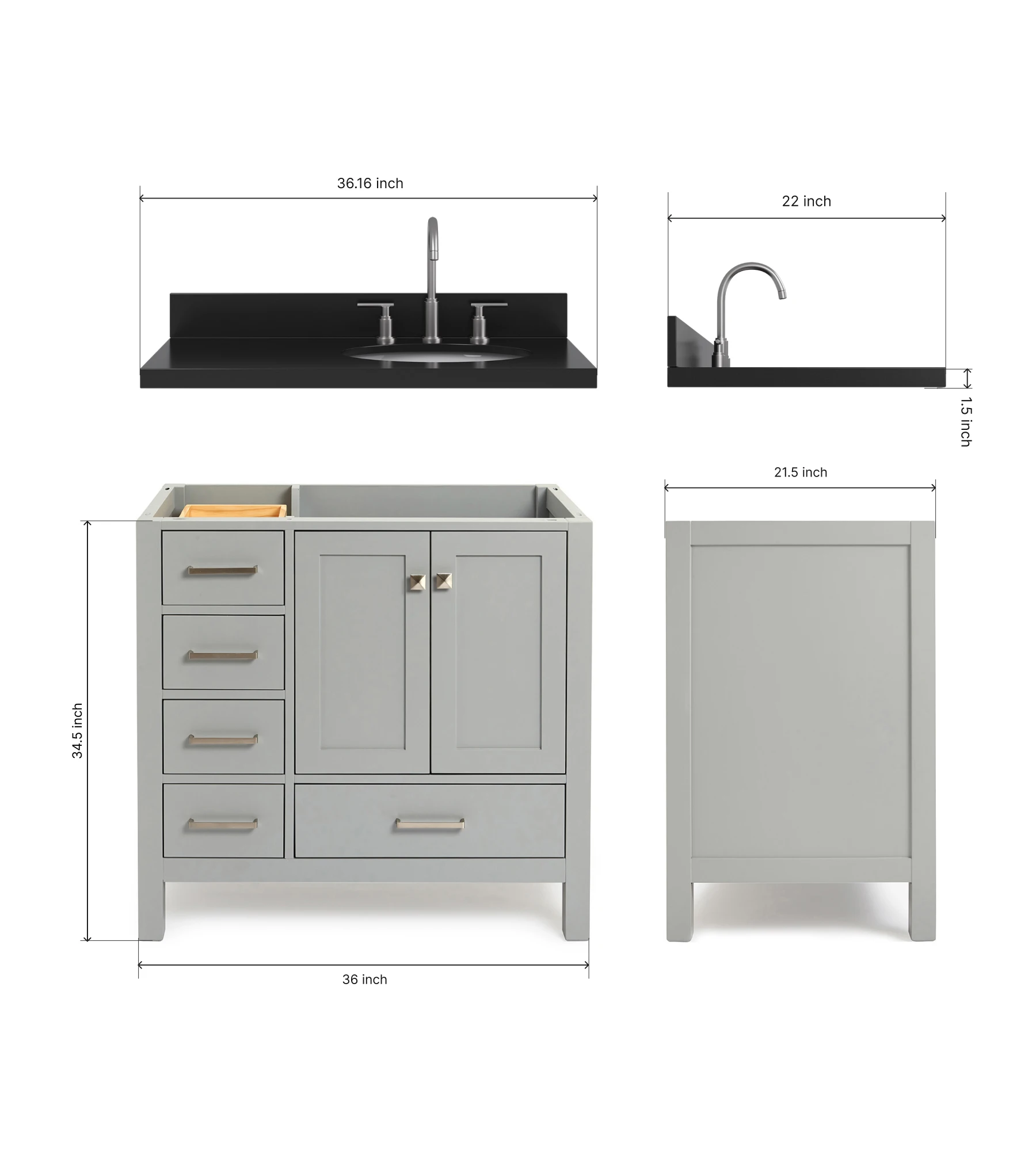ARIEL Cambridge 36 Inch Right Offset Single Oval Sink Bathroom Vanity With Carbon Black Quartz Countertop 1.5 Inch In Grey