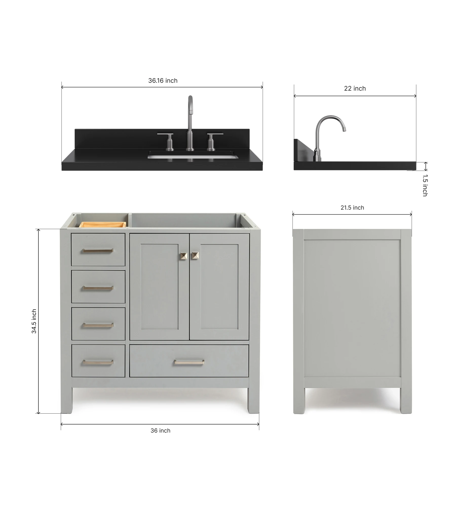 ARIEL Cambridge 36 Inch Right Offset Single Rectangle Sink Bathroom Vanity With Carbon Black Quartz Countertop 1.5 Inch In Grey