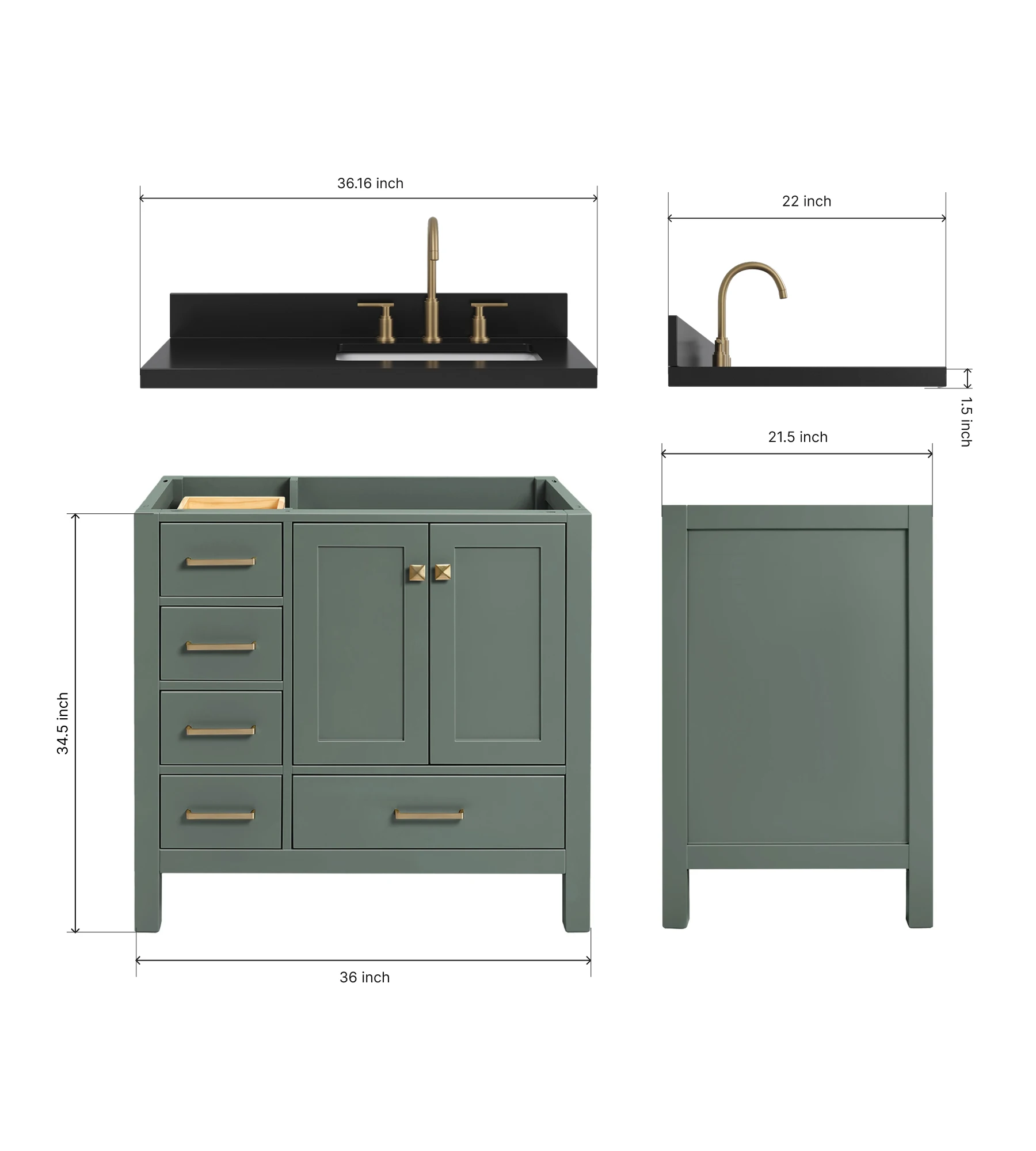 ARIEL Cambridge 36 Inch Right Offset Single Rectangle Sink Bathroom Vanity With Carbon Black Quartz Countertop 1.5 Inch In Vintage Sage Green