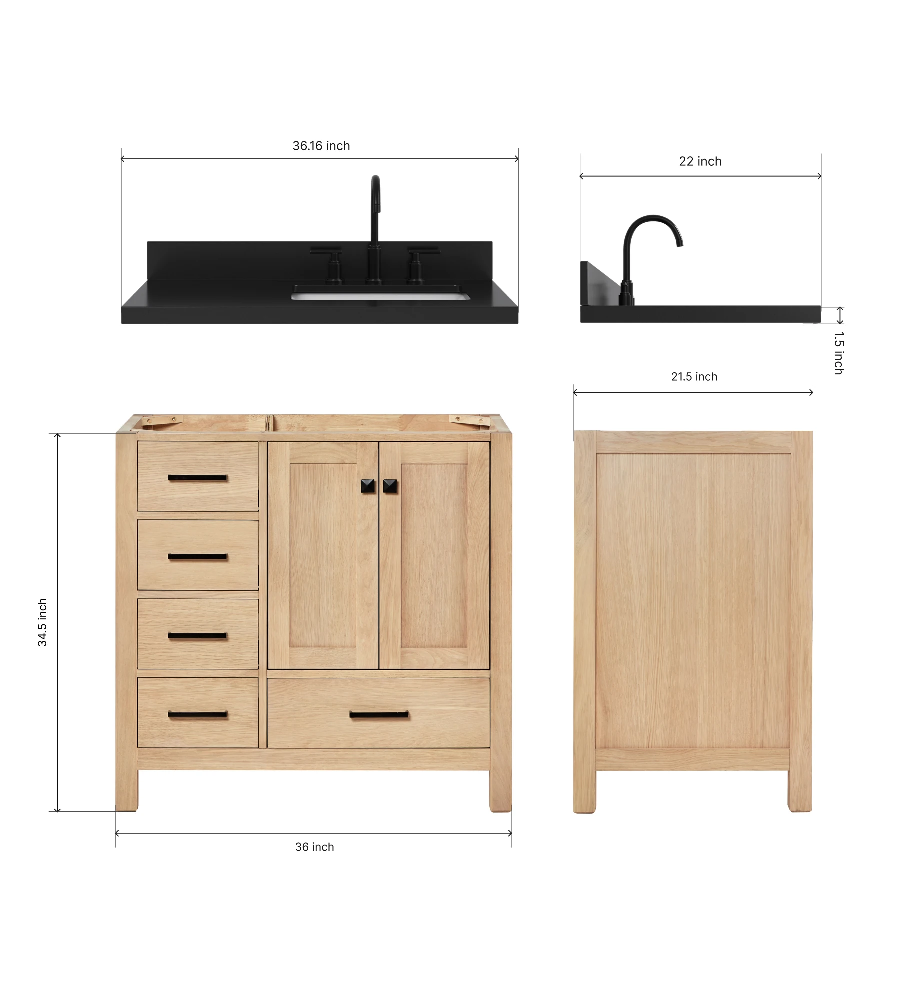 ARIEL Cambridge 36 Inch Right Offset Single Rectangle Sink Bathroom Vanity With Carbon Black Quartz Countertop 1.5 Inch In Oak