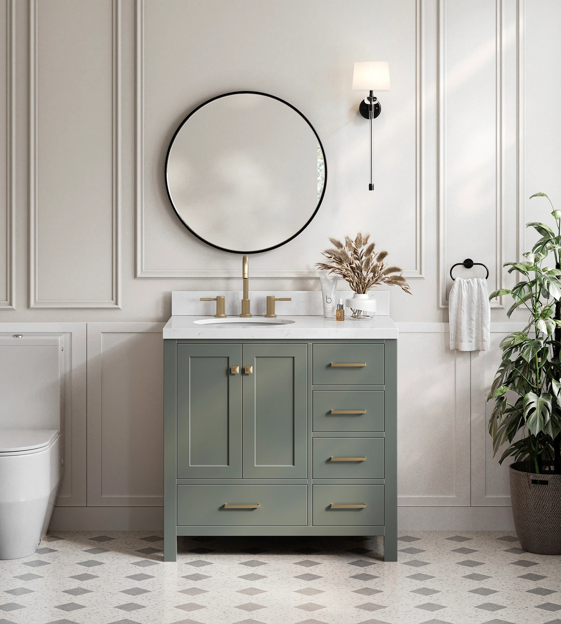 ARIEL Cambridge 36 Inch Single Left Offset Oval Sink Bathroom Vanity With Carrara White Quartz Countertop 1.5 Edge In Vintage Sage Green