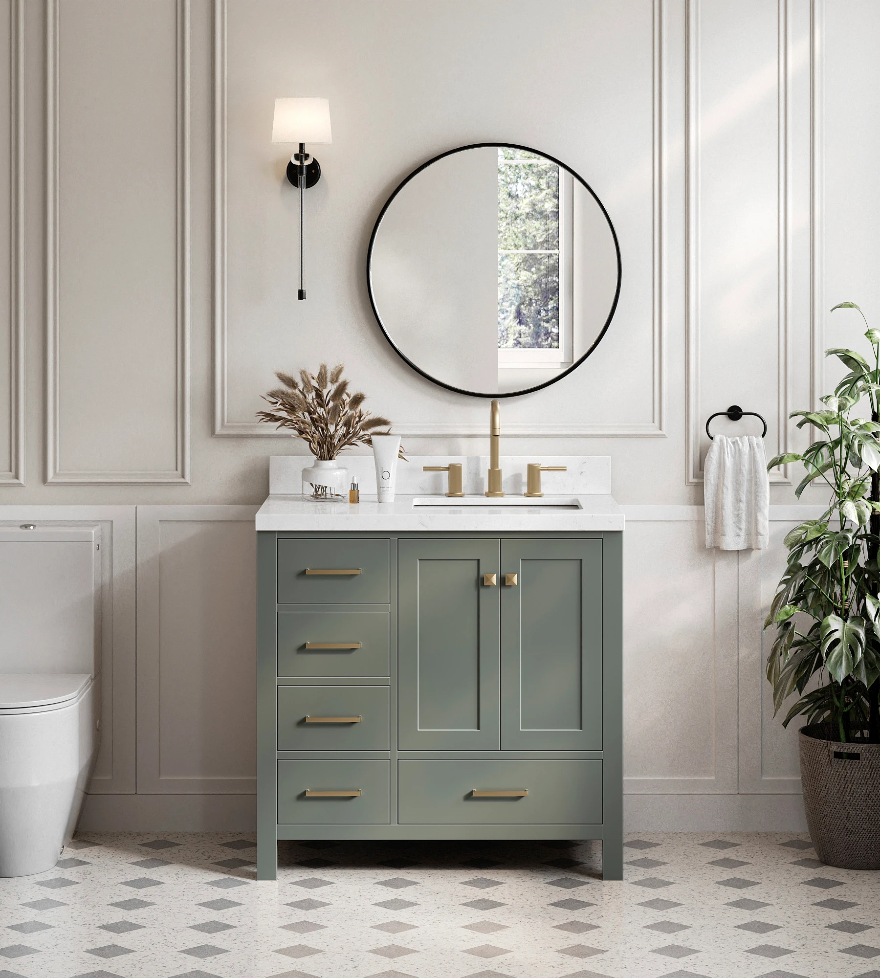 ARIEL Cambridge 36 Inch Right Offset Single Sink Base Cabinet In Vintage Sage Green