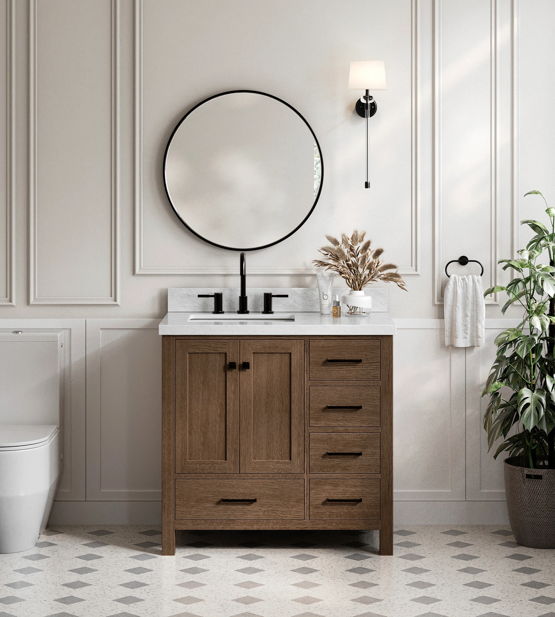 ARIEL Cambridge 37 Inch Left Offset Single Rectangle Sink Bathroom Vanity With Carrara White Marble Countertop 1.5 Inch In Brown Oak