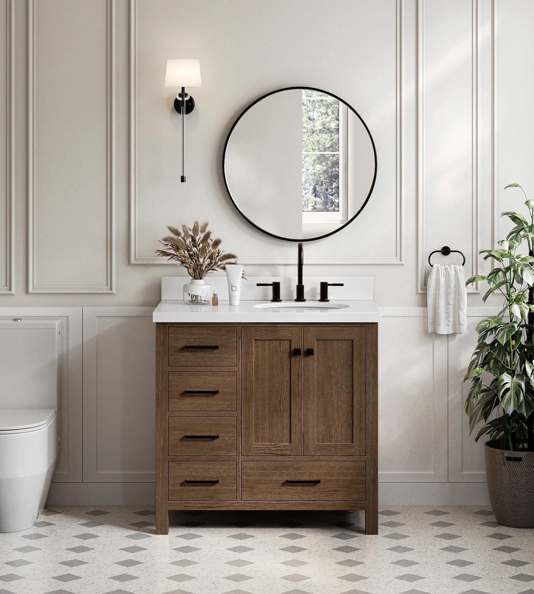 ARIEL Cambridge 37 Inch Right Offset Single Oval Sink Bathroom Vanity With Pure White Quartz Countertop 1.5 Inch In Brown Oak