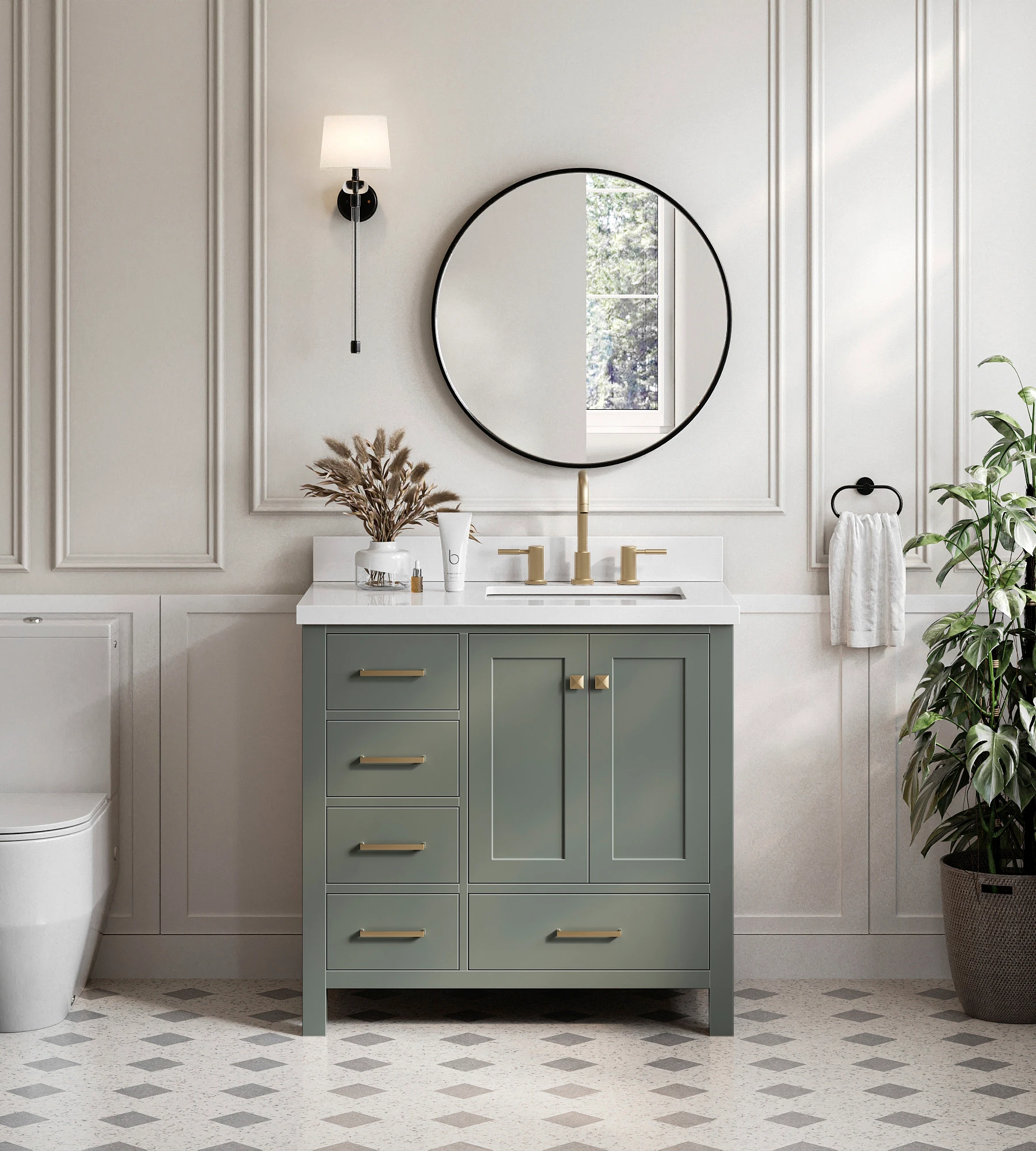ARIEL Cambridge 37 Inch Right Offset Rectangle Sink Vanity With White Quartz Countertop In Vintage Sage Green