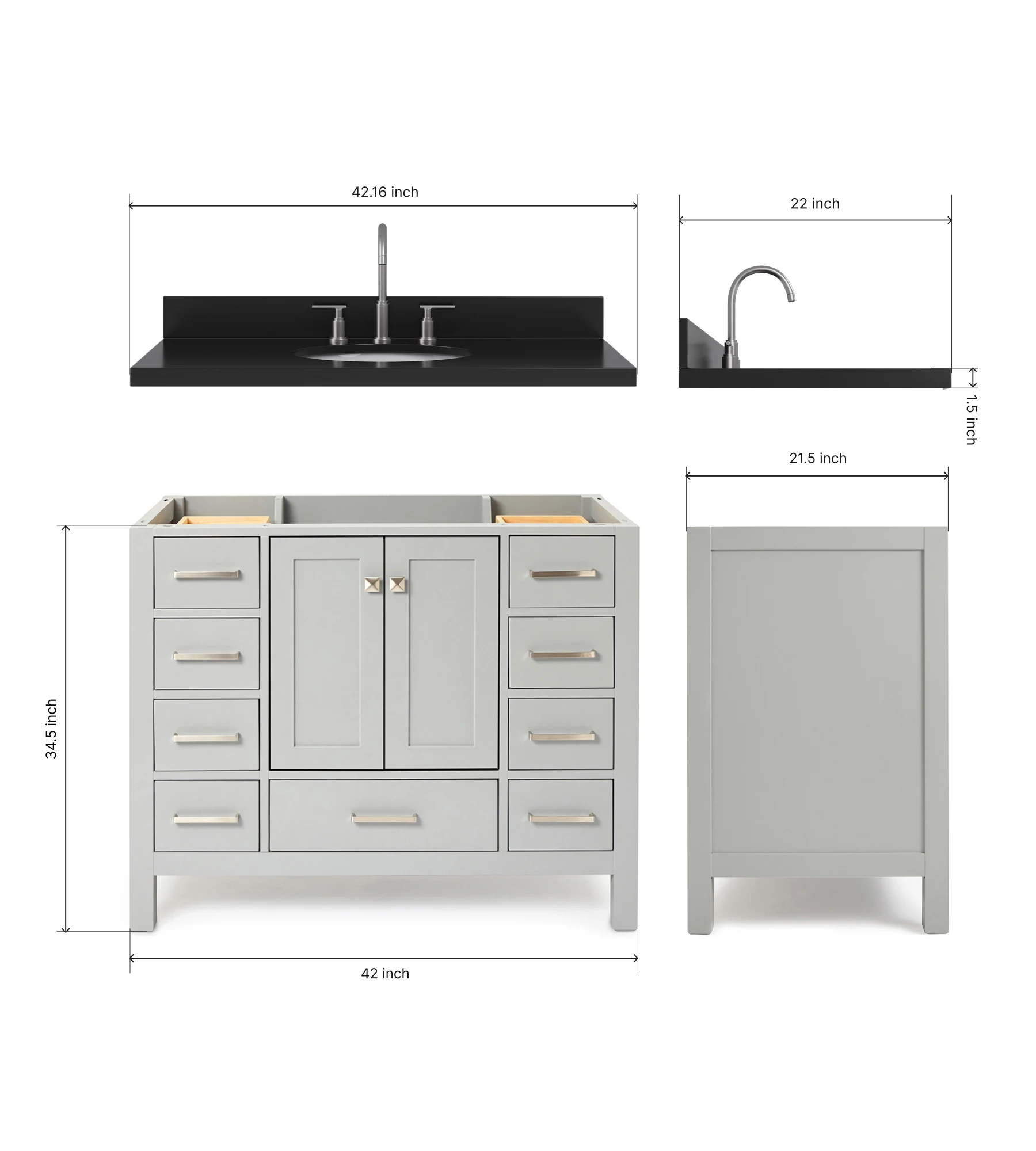 ARIEL Cambridge 42 Inch Single Oval Sink Bathroom Vanity With Carbon Black Quartz Countertop 1.5 Inch In Grey