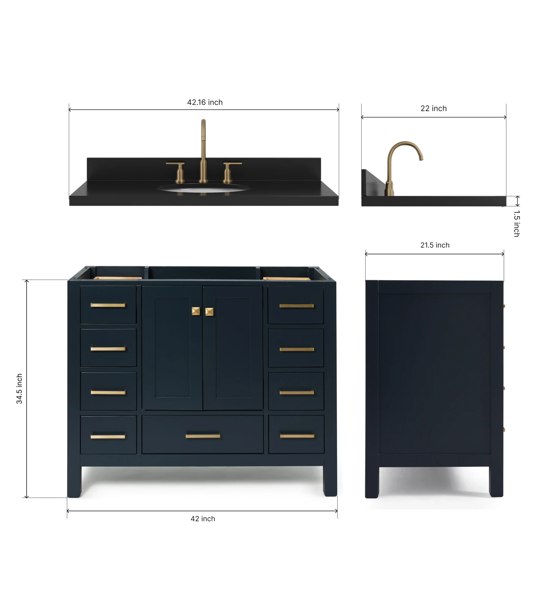 ARIEL Cambridge 42 Inch Single Oval Sink Bathroom Vanity With Carbon Black Quartz Countertop 1.5 Inch In Midnight Blue
