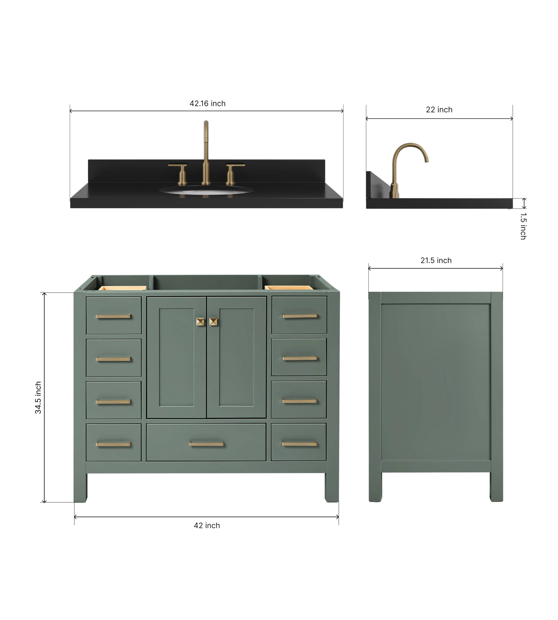 ARIEL Cambridge 42 Inch Single Oval Sink Bathroom Vanity With Carbon Black Quartz Countertop 1.5 Inch In Vintage Sage Green