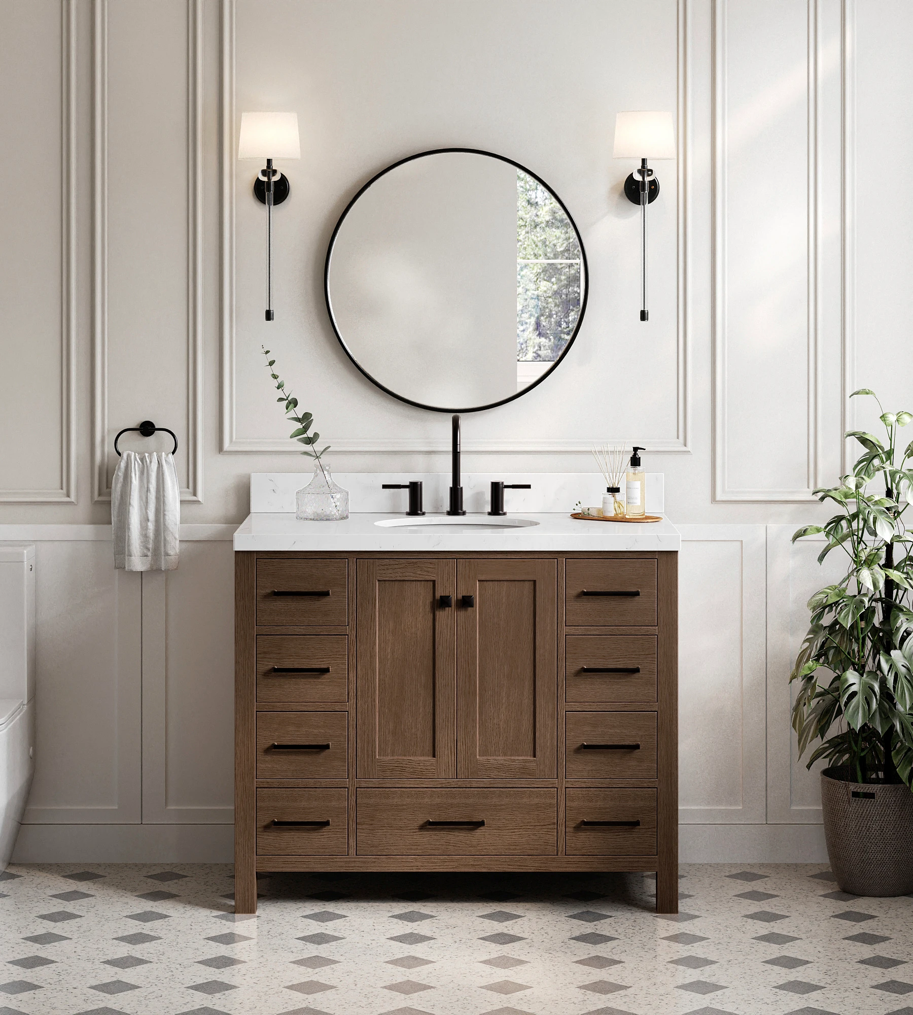 ARIEL Cambridge 42 Inch Single Oval Sink Bathroom Vanity With Carrara White Quartz Countertop 1.5 Inch In Brown Oak