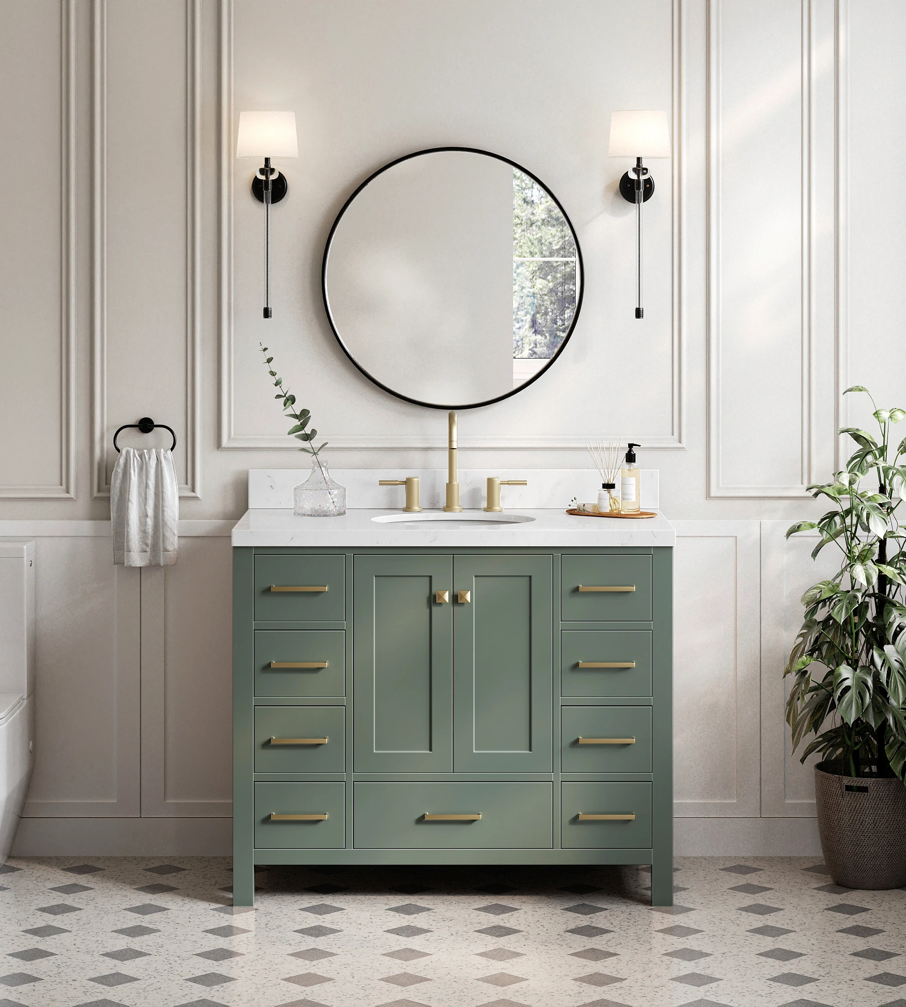ARIEL Cambridge 42 Inch Single Oval Sink Bathroom Vanity With Carrara White Quartz Countertop 1.5 Inch In Vintage Sage Green