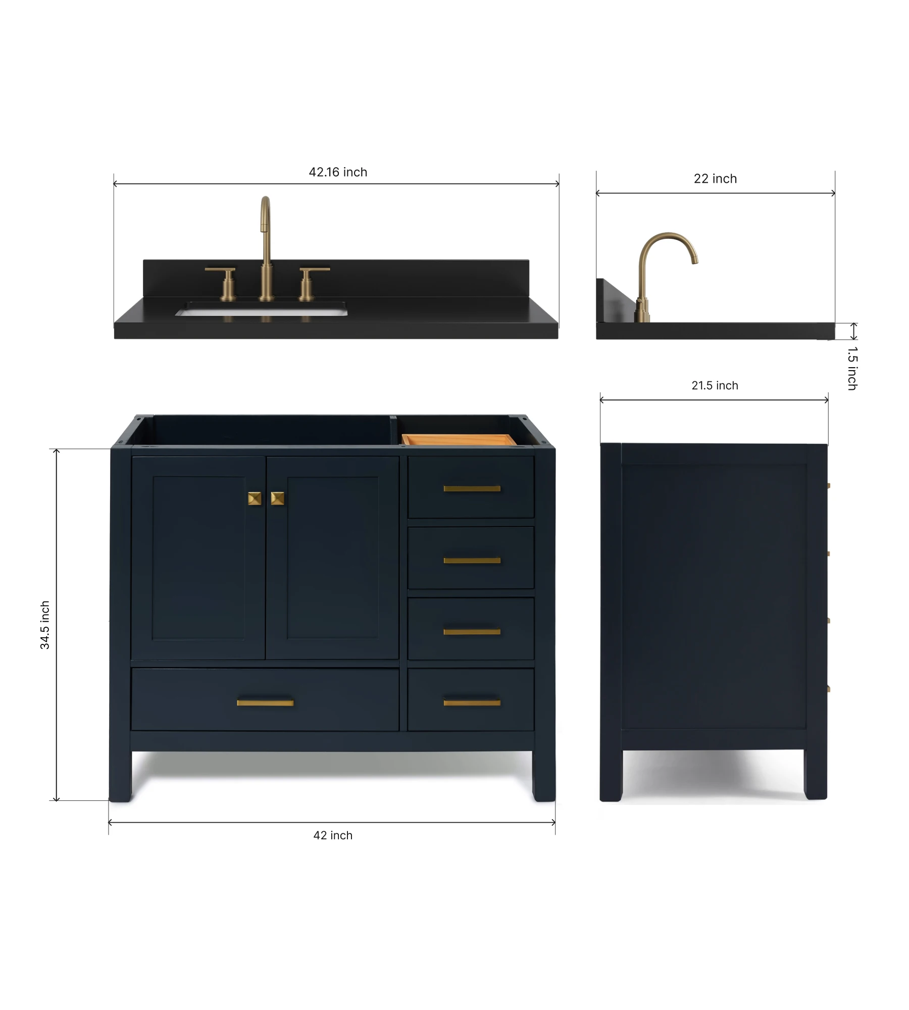 ARIEL Cambridge 42 Inch Left Offset Single Rectangle Sink Bathroom Vanity With Carbon Black Quartz Countertop 1.5 Inch In Midnight Blue