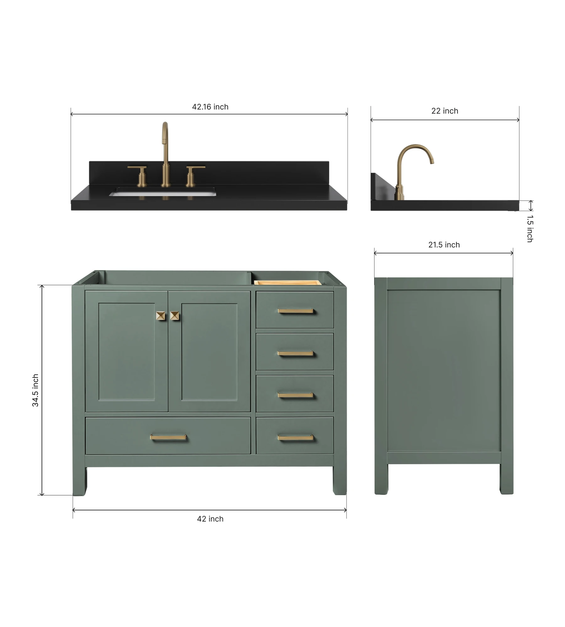 ARIEL Cambridge 42 Inch Left Offset Single Rectangle Sink Bathroom Vanity With Carbon Black Quartz Countertop 1.5 Inch In Vintage Sage Green