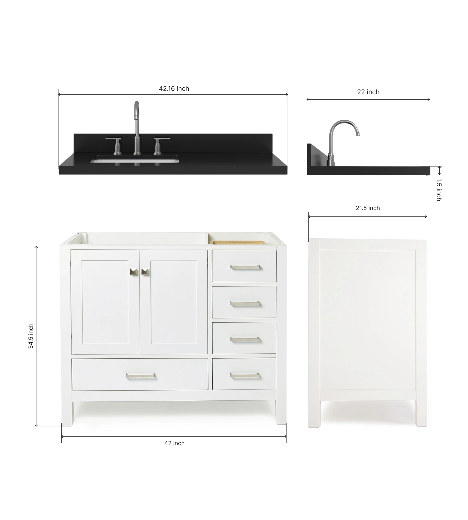 ARIEL Cambridge 42 Inch Left Offset Single Rectangle Sink Bathroom Vanity With Carbon Black Quartz Countertop 1.5 Inch In White