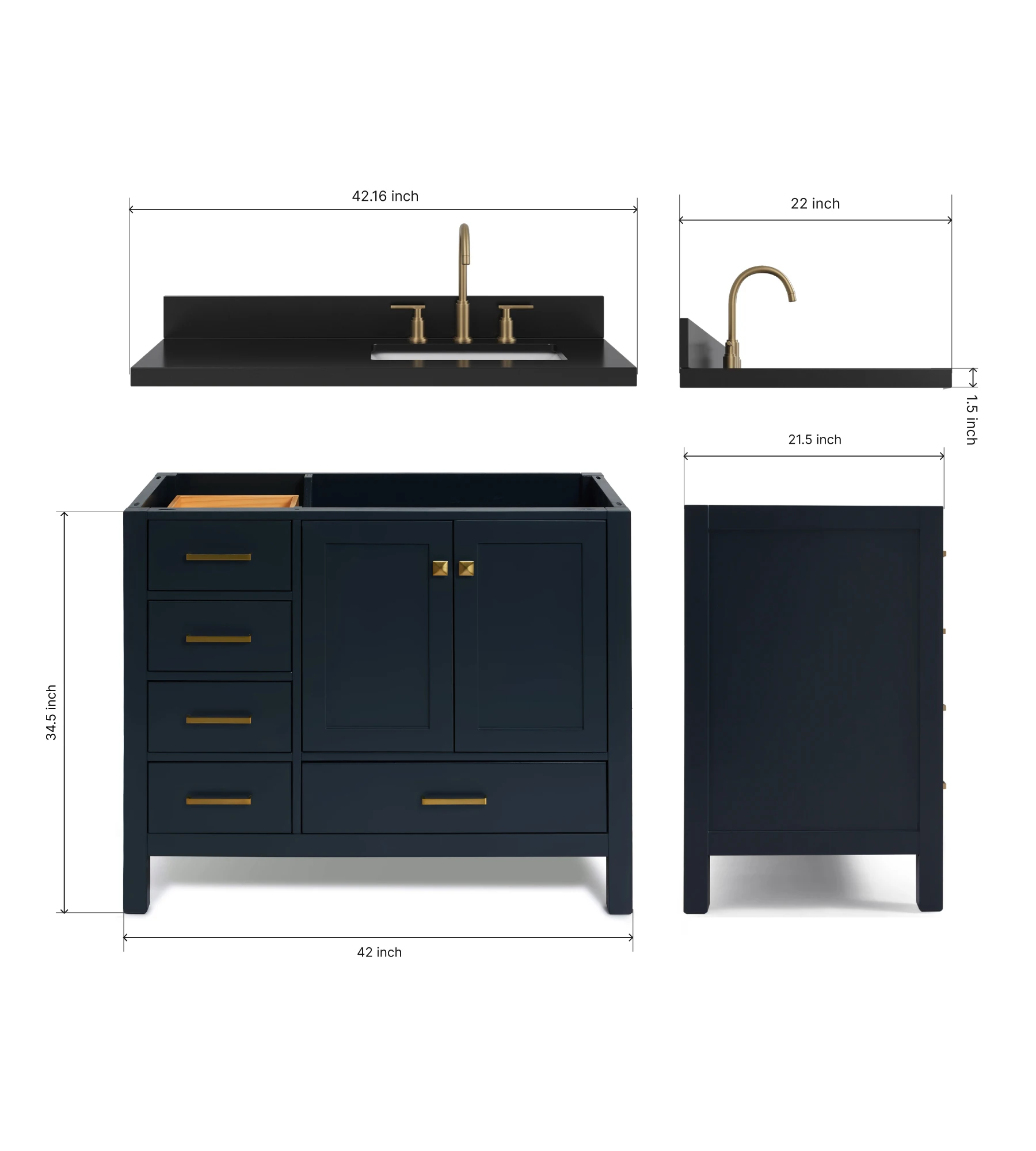 ARIEL Cambridge 42 Inch Right Offset Single Rectangle Sink Bathroom Vanity With Carbon Black Quartz Countertop 1.5 Inch In Midnight Blue