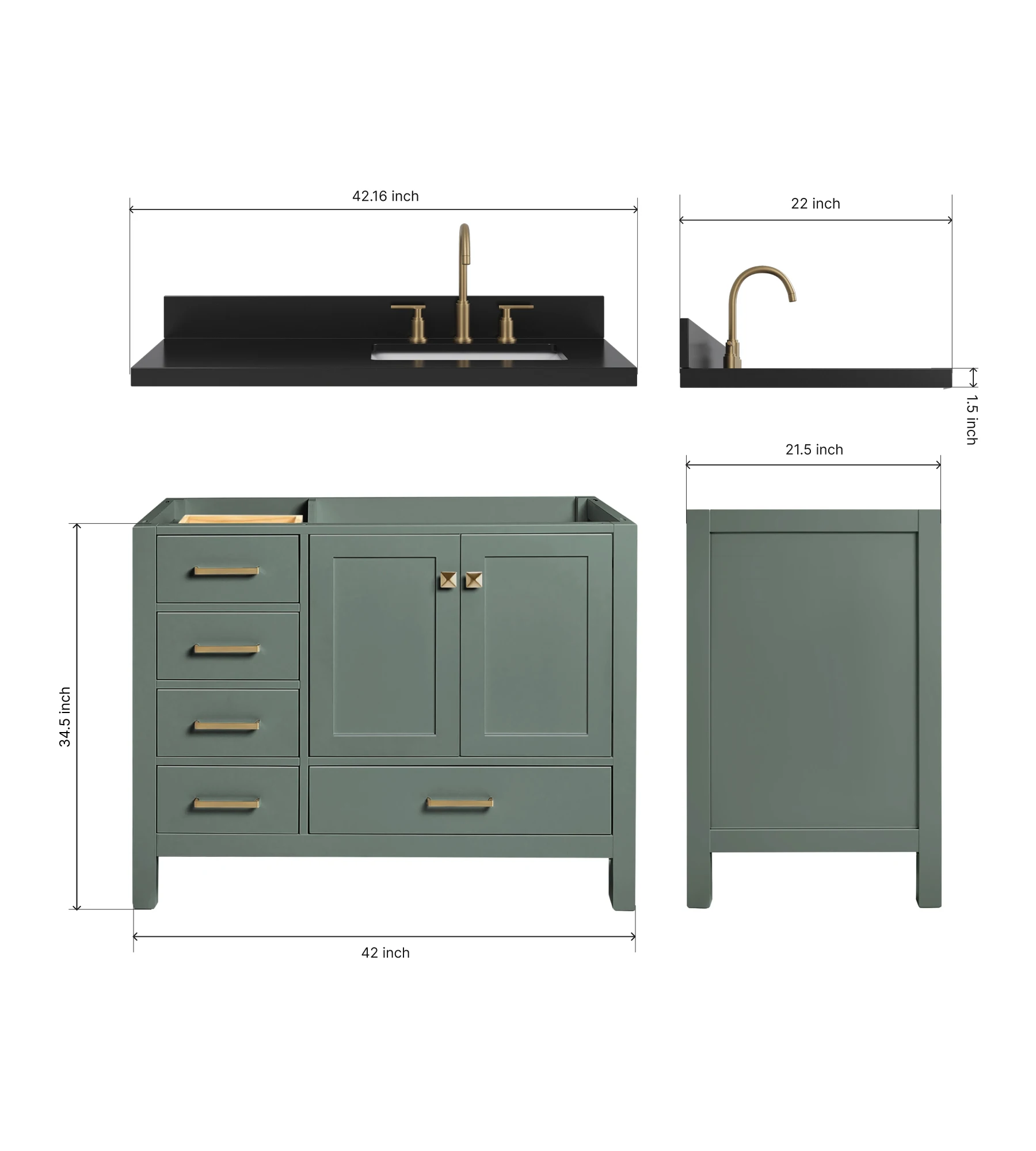 ARIEL Cambridge 42 Inch Right Offset Single Rectangle Sink Bathroom Vanity With Carbon Black Quartz Countertop 1.5 Inch In Vintage Sage Green