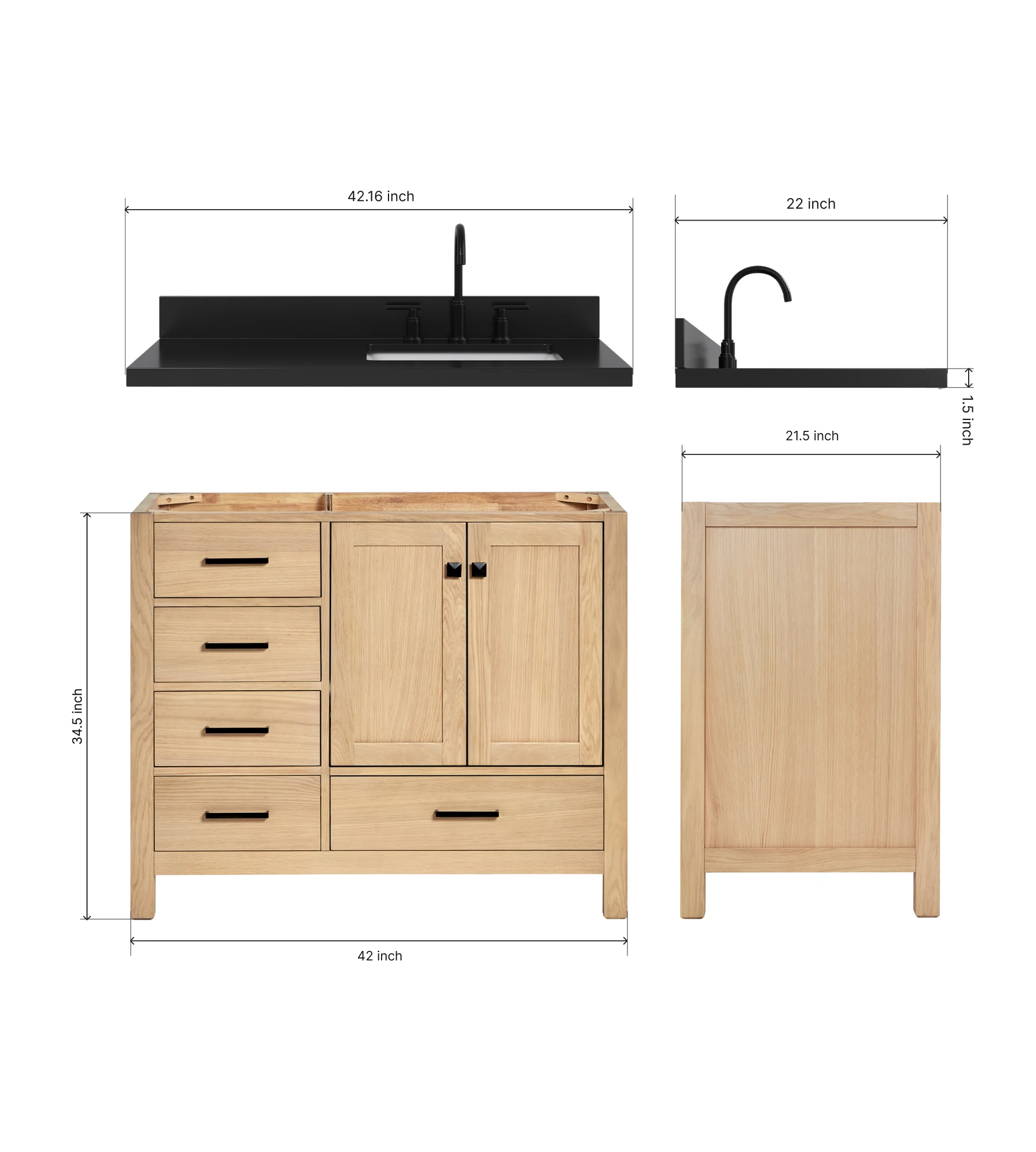ARIEL Cambridge 42 Inch Right Offset Single Rectangle Sink Bathroom Vanity With Carbon Black Quartz Countertop 1.5 Inch In Oak