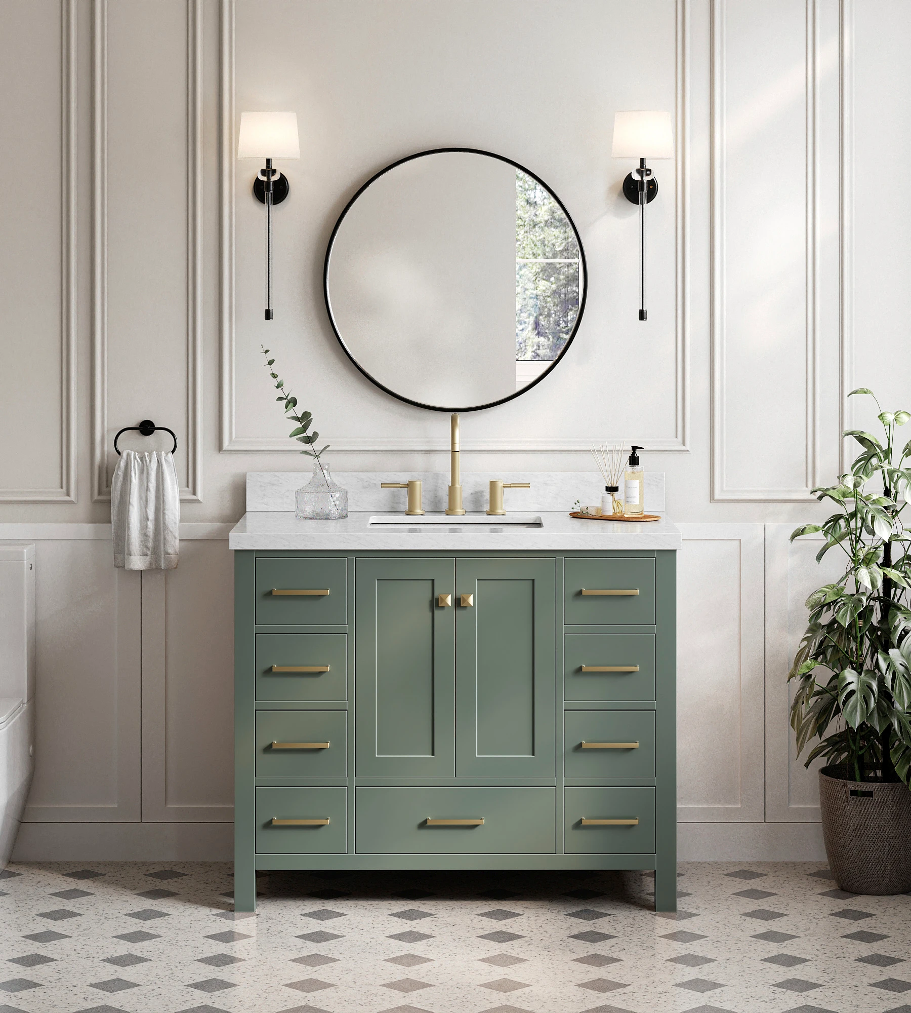 ARIEL Cambridge 42 Inch Single Sink Base Cabinet In Vintage Sage Green