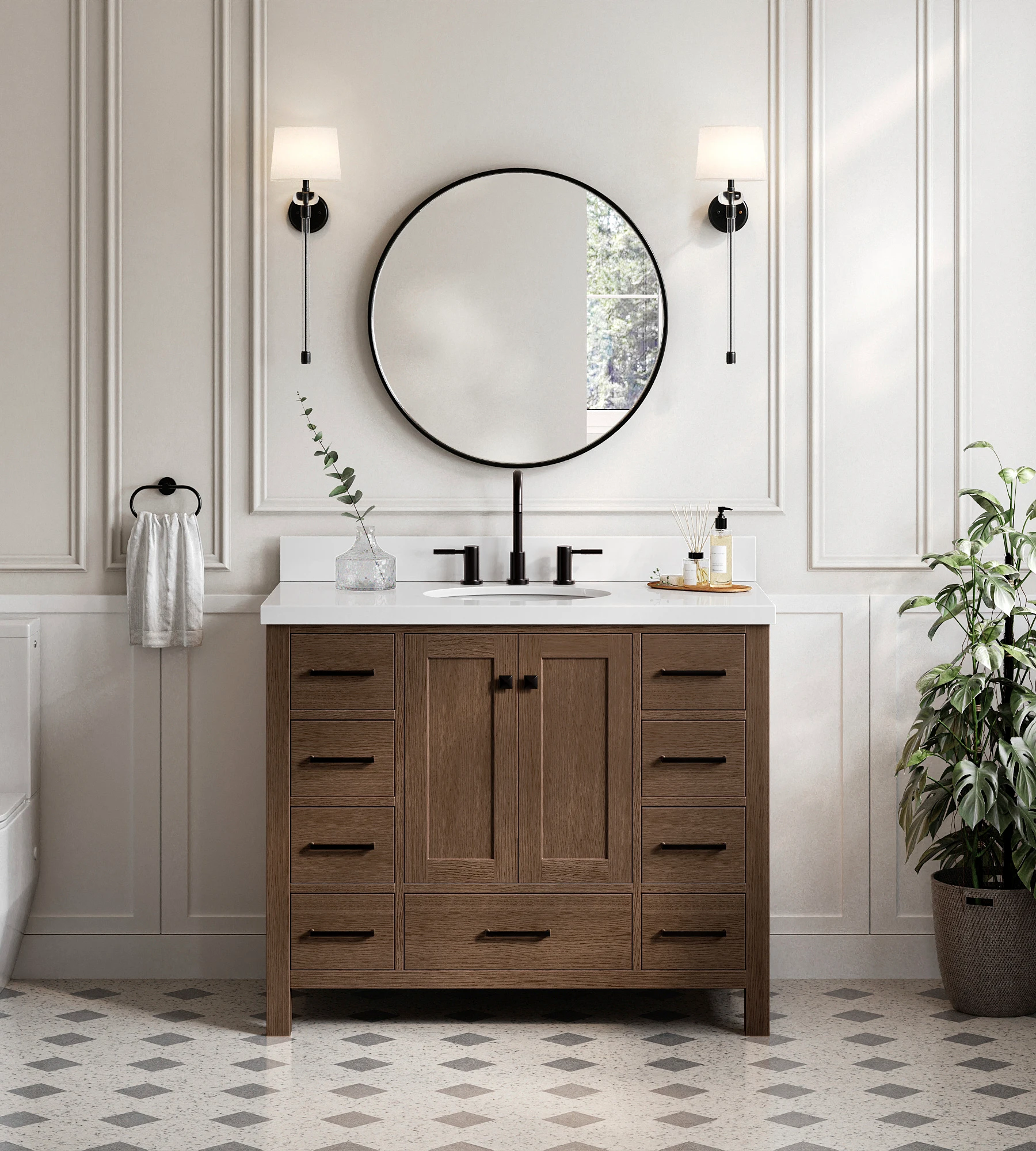 ARIEL Cambridge 43 Inch Single Oval Sink Bathroom Vanity With Pure White Quartz Countertop 1.5 Inch In Brown Oak
