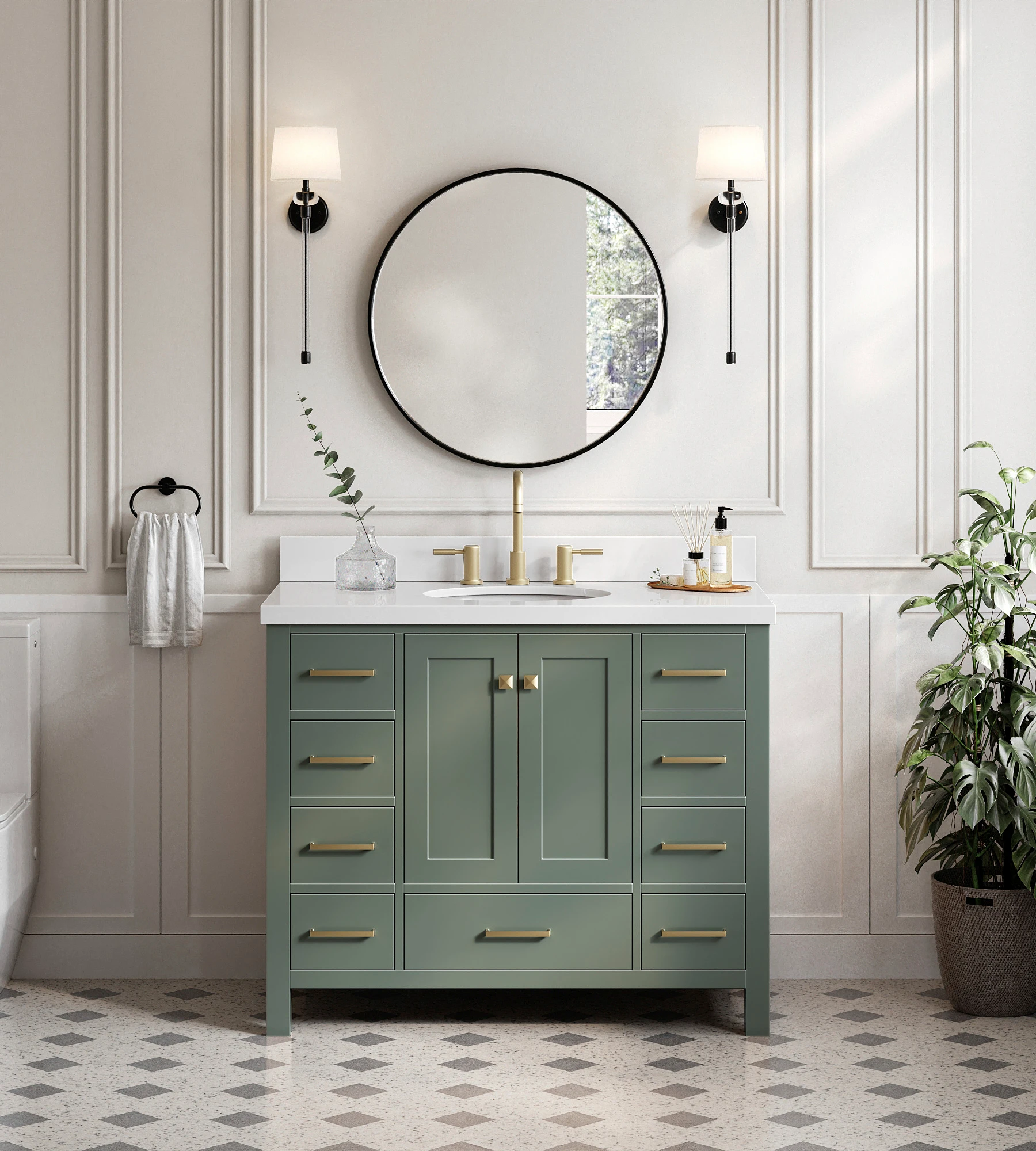 ARIEL Cambridge 43 Inch Single Oval Sink Bathroom Vanity With Pure White Quartz Countertop 1.5 Inch In Vintage Sage Green