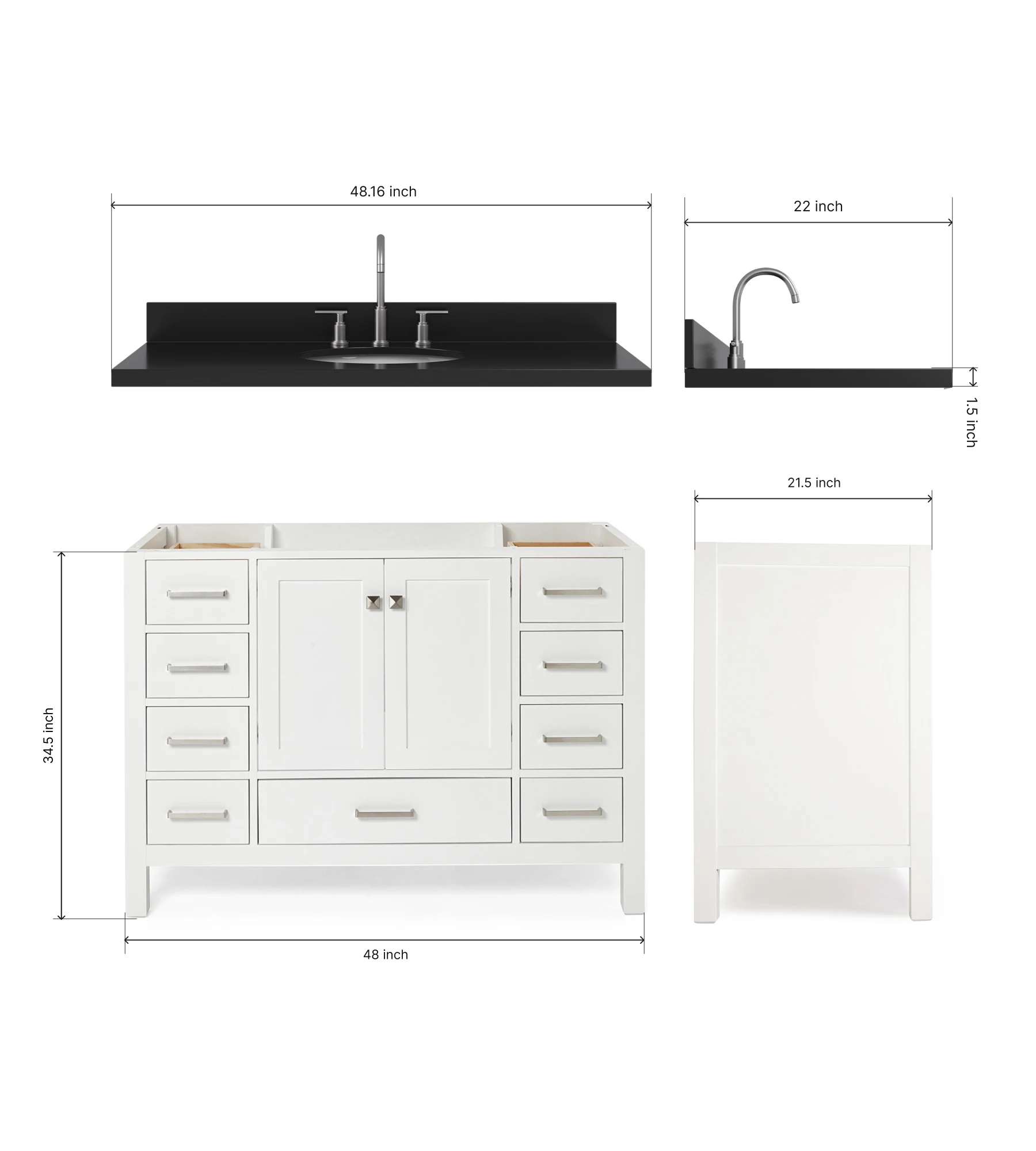 ARIEL Cambridge 48 Inch Single Oval Sink Bathroom Vanity With Carbon Black Quartz Countertop 1.5 Inch In White