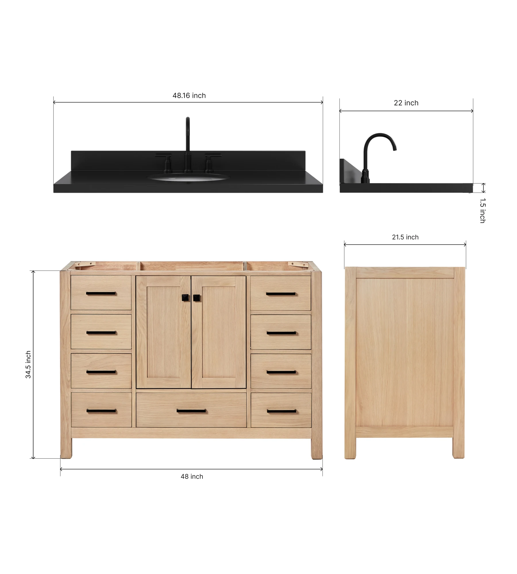 ARIEL Cambridge 48 Inch Single Oval Sink Bathroom Vanity With Carbon Black Quartz Countertop 1.5 Inch In Oak