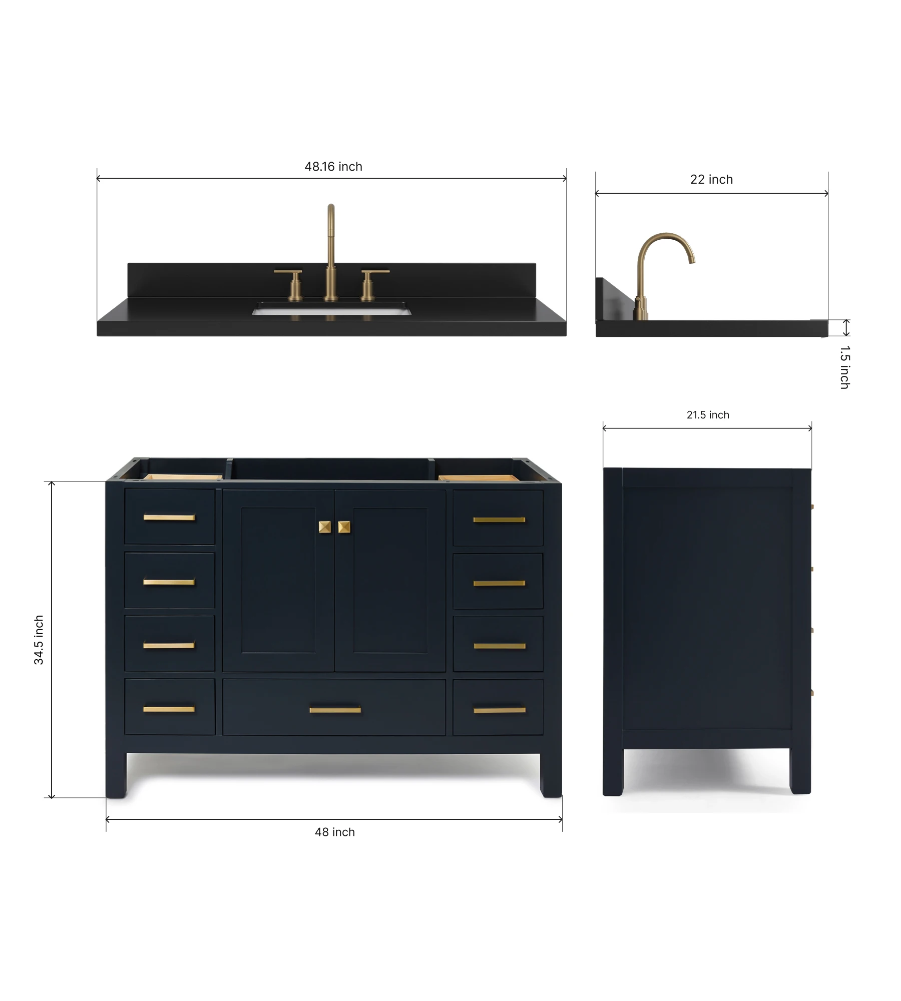 ARIEL Cambridge 48 Inch Single Rectangle Sink Bathroom Vanity With Carbon Black Quartz Countertop 1.5 Inch In Midnight Blue