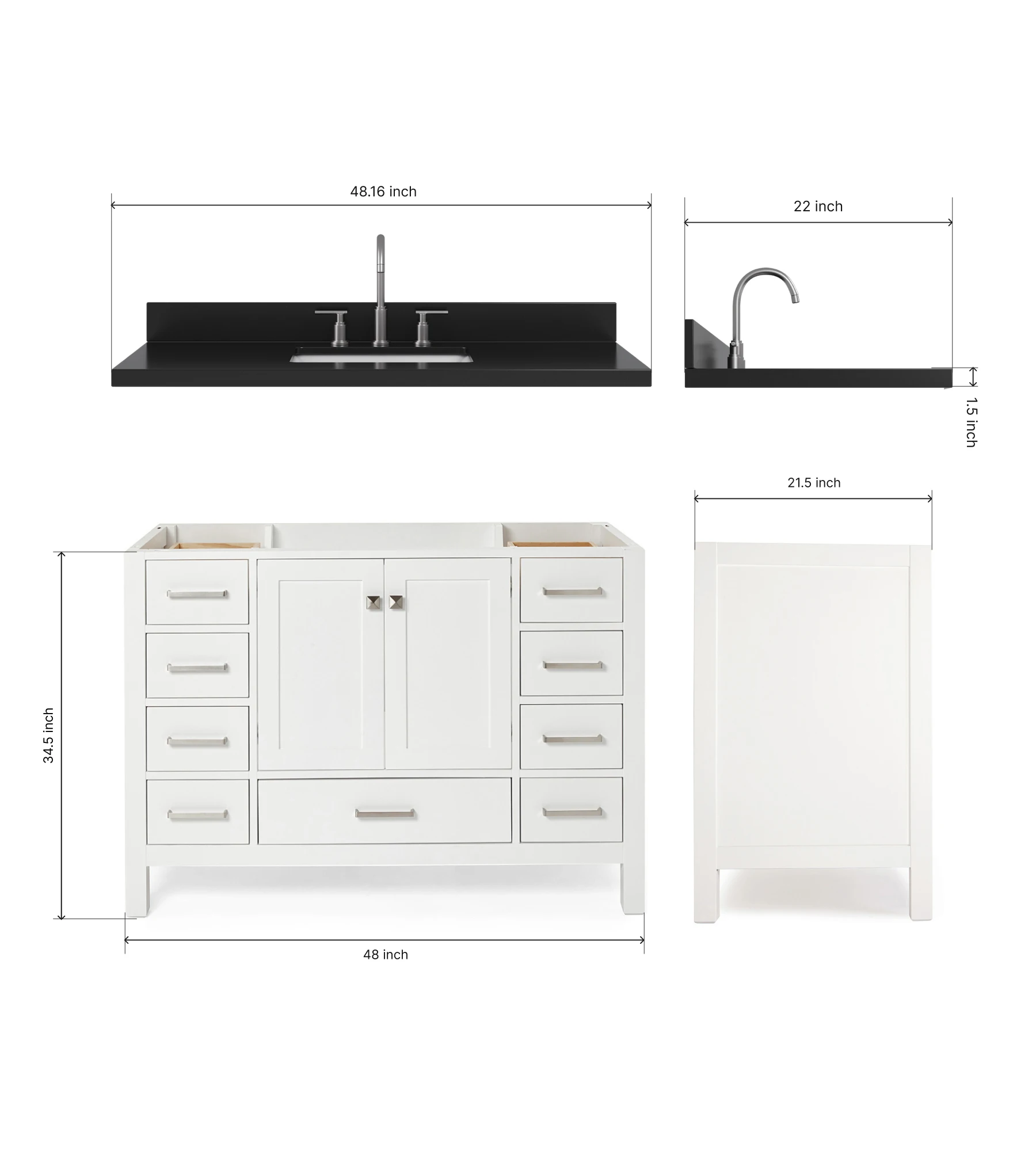 ARIEL Cambridge 48 Inch Single Rectangle Sink Bathroom Vanity With Carbon Black Quartz Countertop 1.5 Inch In White