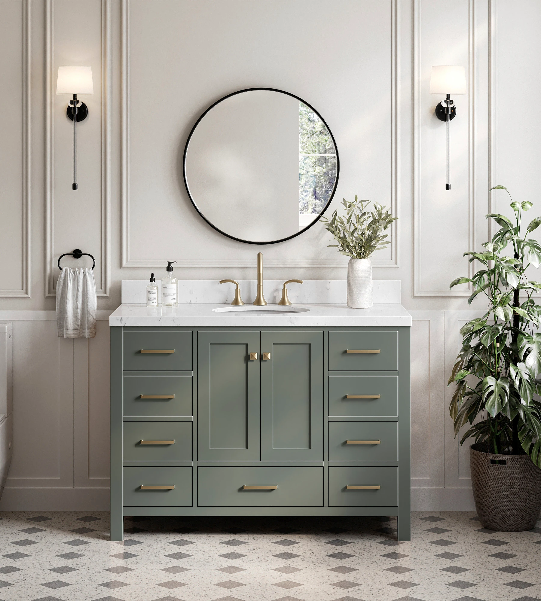 ARIEL Cambridge 48 Inch Single Oval Sink Bathroom Vanity With Carrara White Quartz Countertop 1.5 Edge In Vintage Sage Green