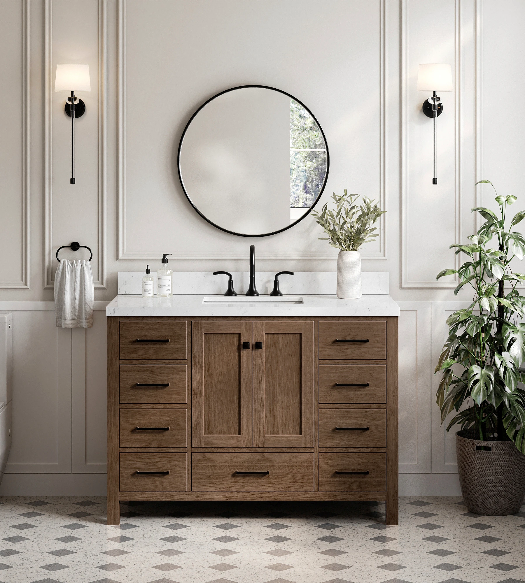 ARIEL Cambridge 48 Inch Single Sink Base Cabinet In Brown Oak