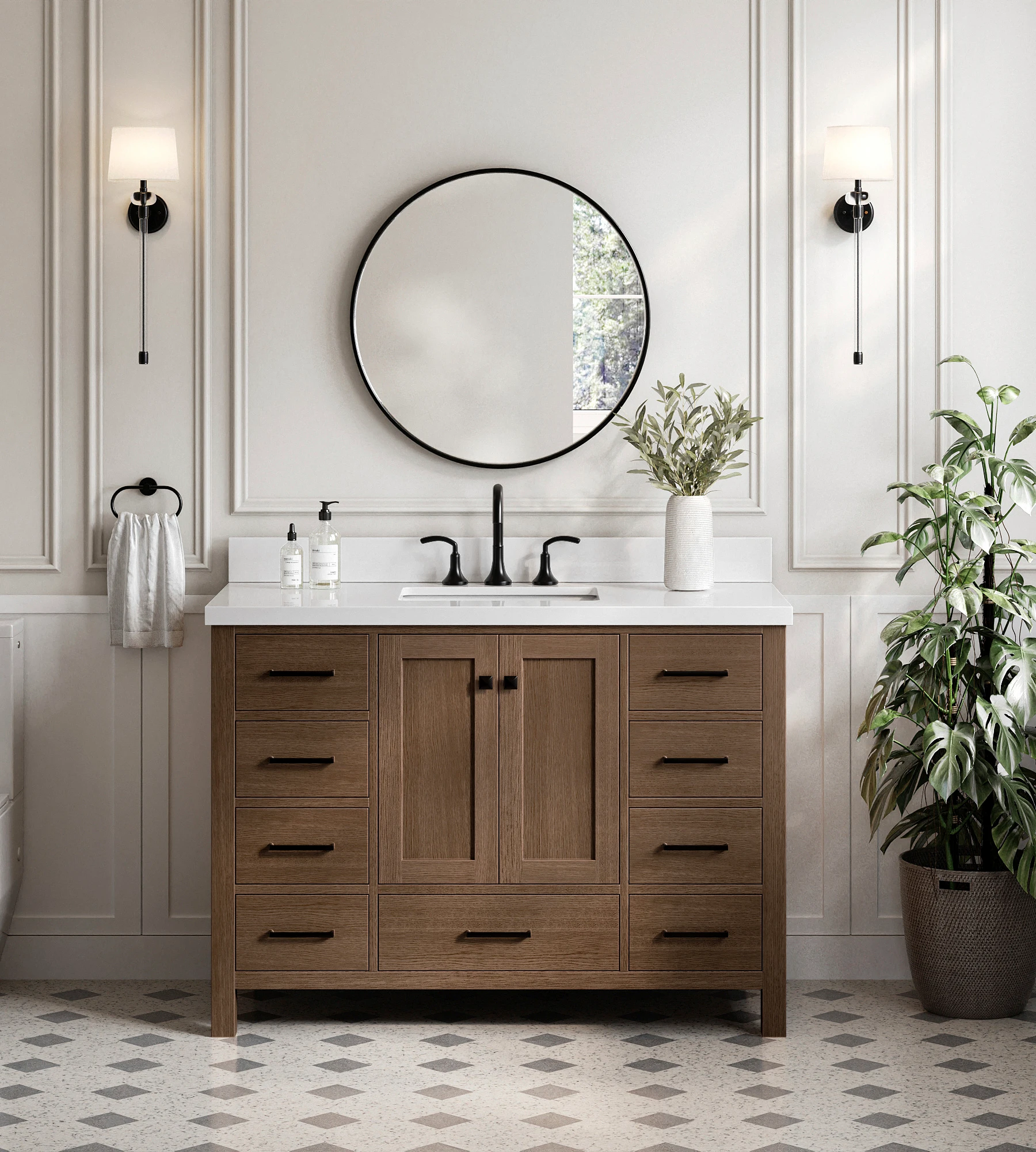 ARIEL Cambridge 49 Inch Single Rectangle Sink Bathroom Vanity With Pure White Quartz Countertop 1.5 Inch In Brown Oak