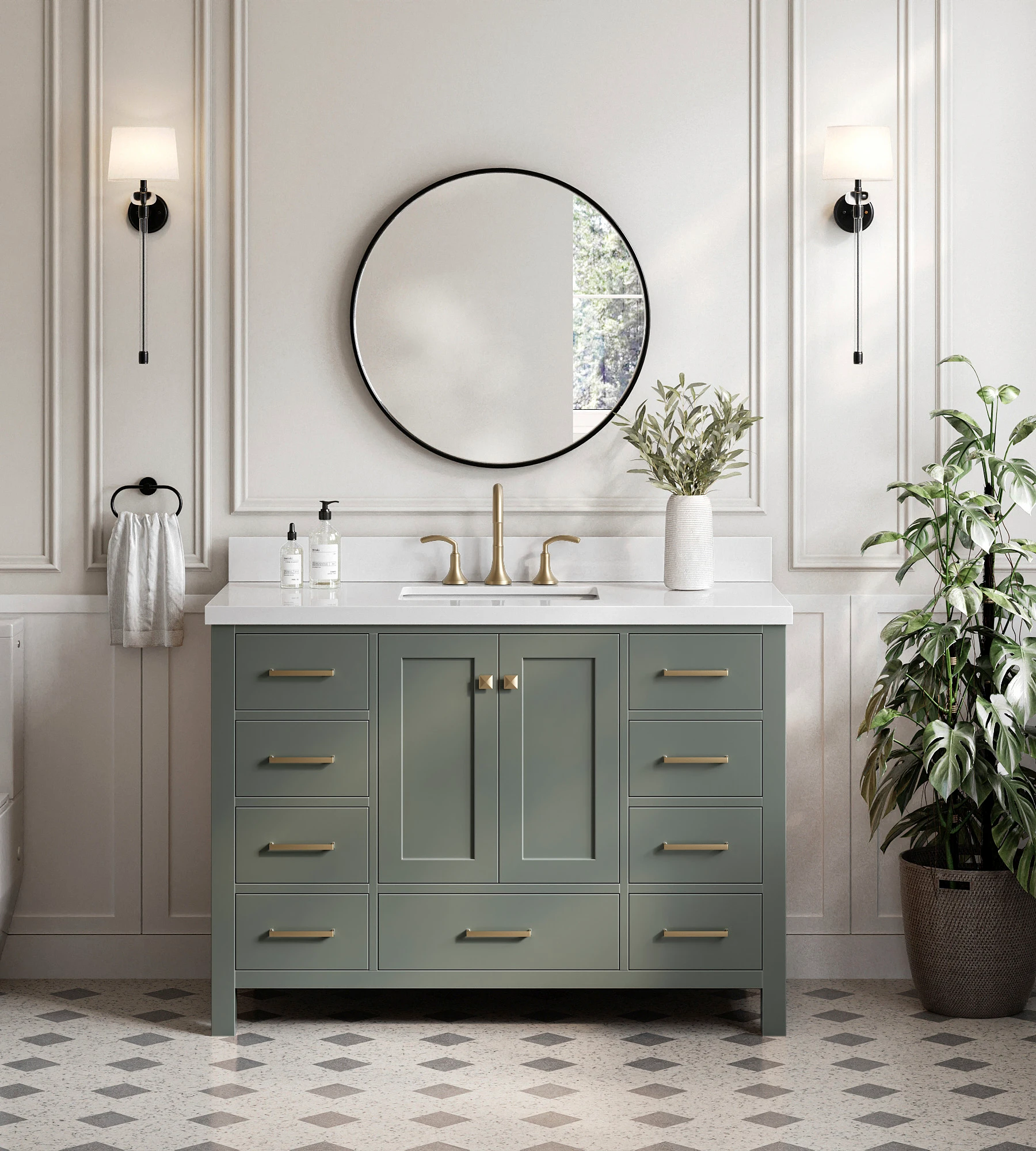 ARIEL Cambridge 49 Inch Single Rectangle Sink Vanity With White Quartz Countertop In Vintage Sage Green