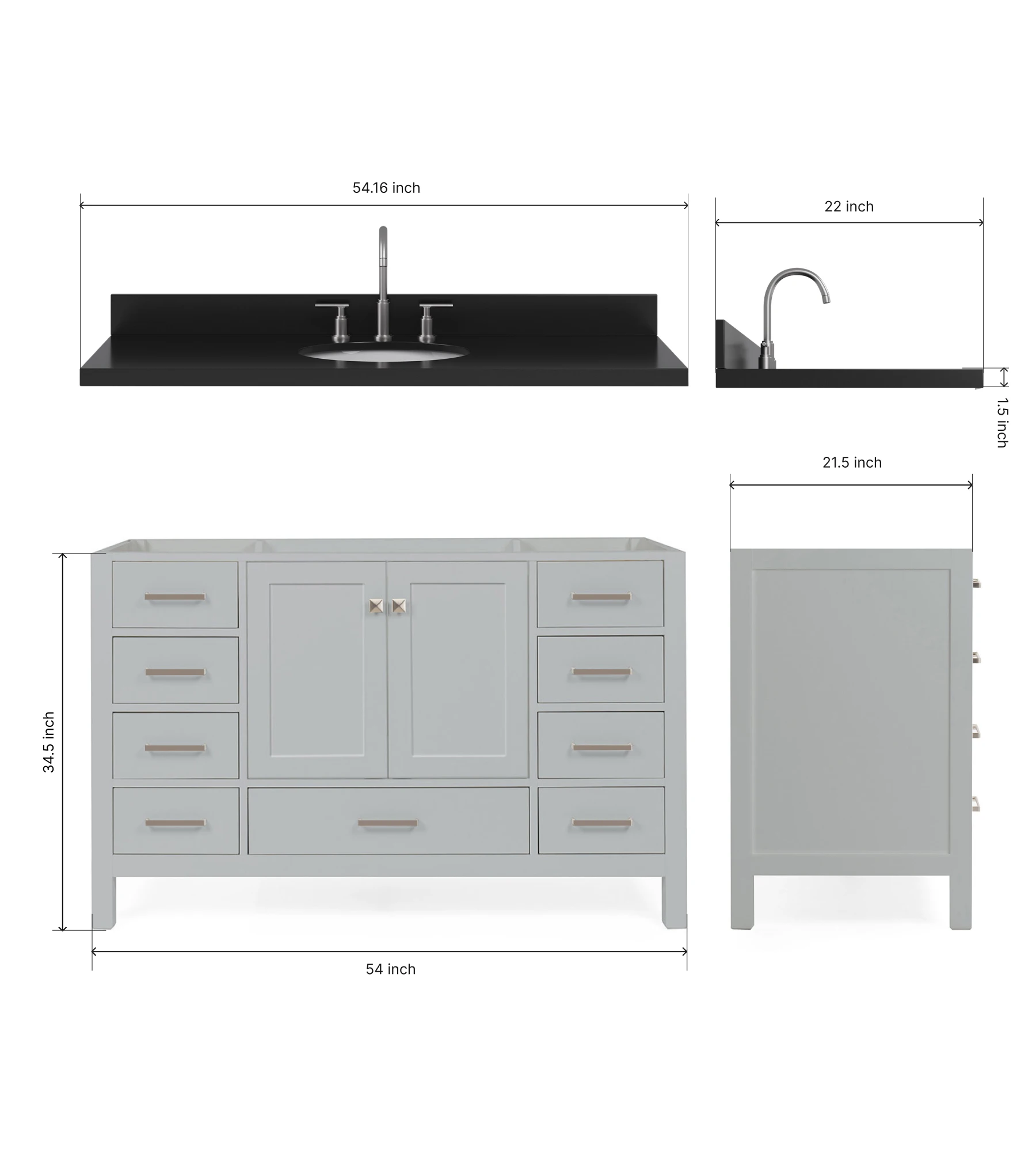 ARIEL Cambridge 54 Inch Single Oval Sink Bathroom Vanity With Carbon Black Quartz Countertop 1.5 Inch In Grey