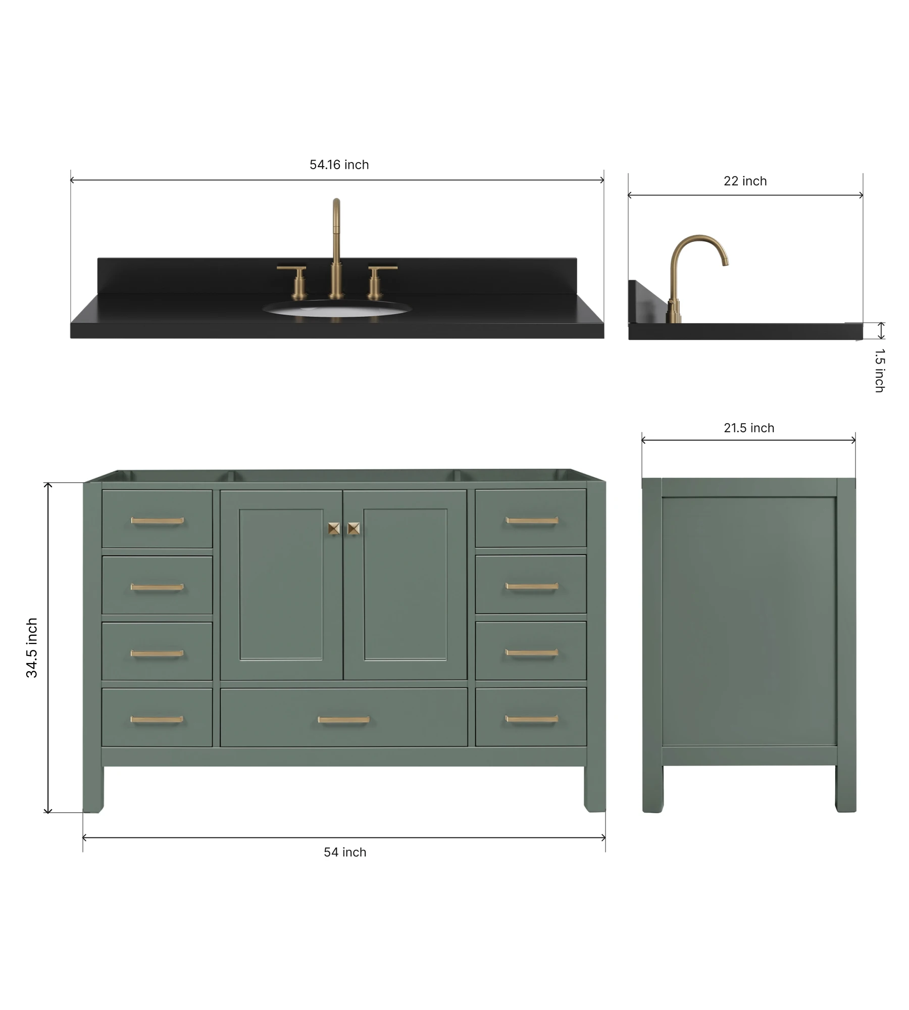 ARIEL Cambridge 54 Inch Single Oval Sink Bathroom Vanity With Carbon Black Quartz Countertop 1.5 Inch In Vintage Sage Green