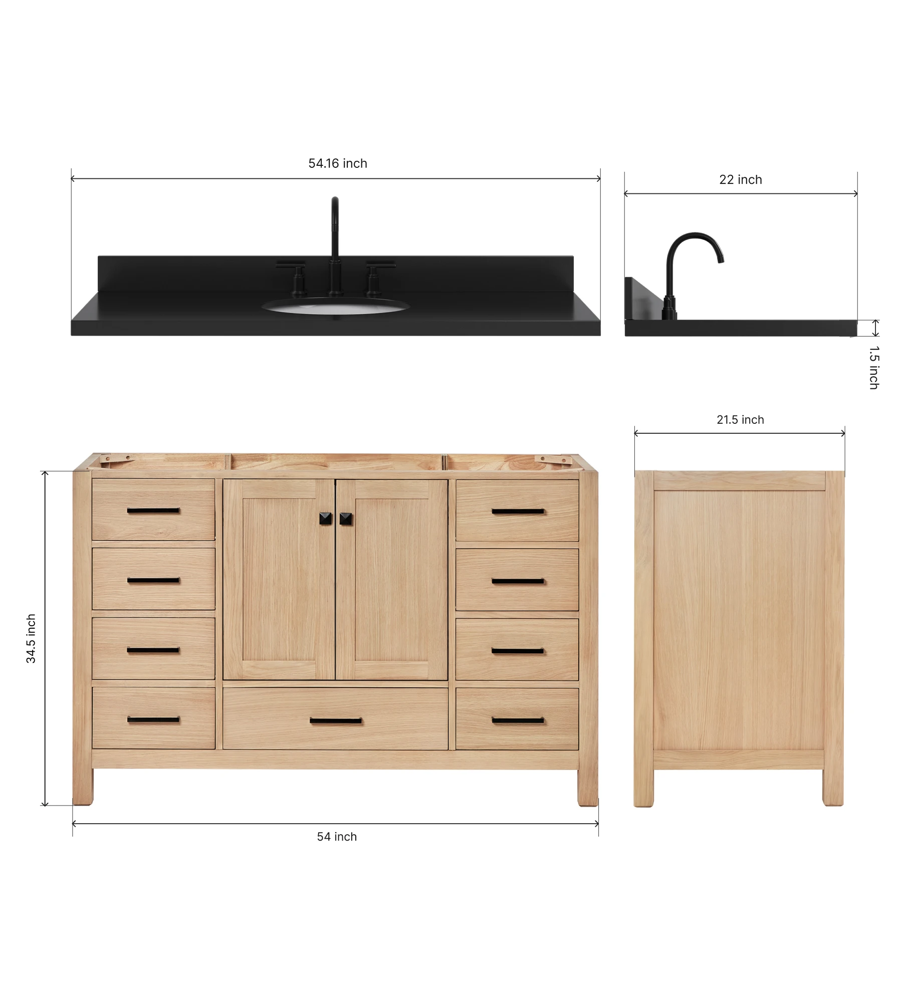 ARIEL Cambridge 54 Inch Single Oval Sink Bathroom Vanity With Carbon Black Quartz Countertop 1.5 Inch In Oak