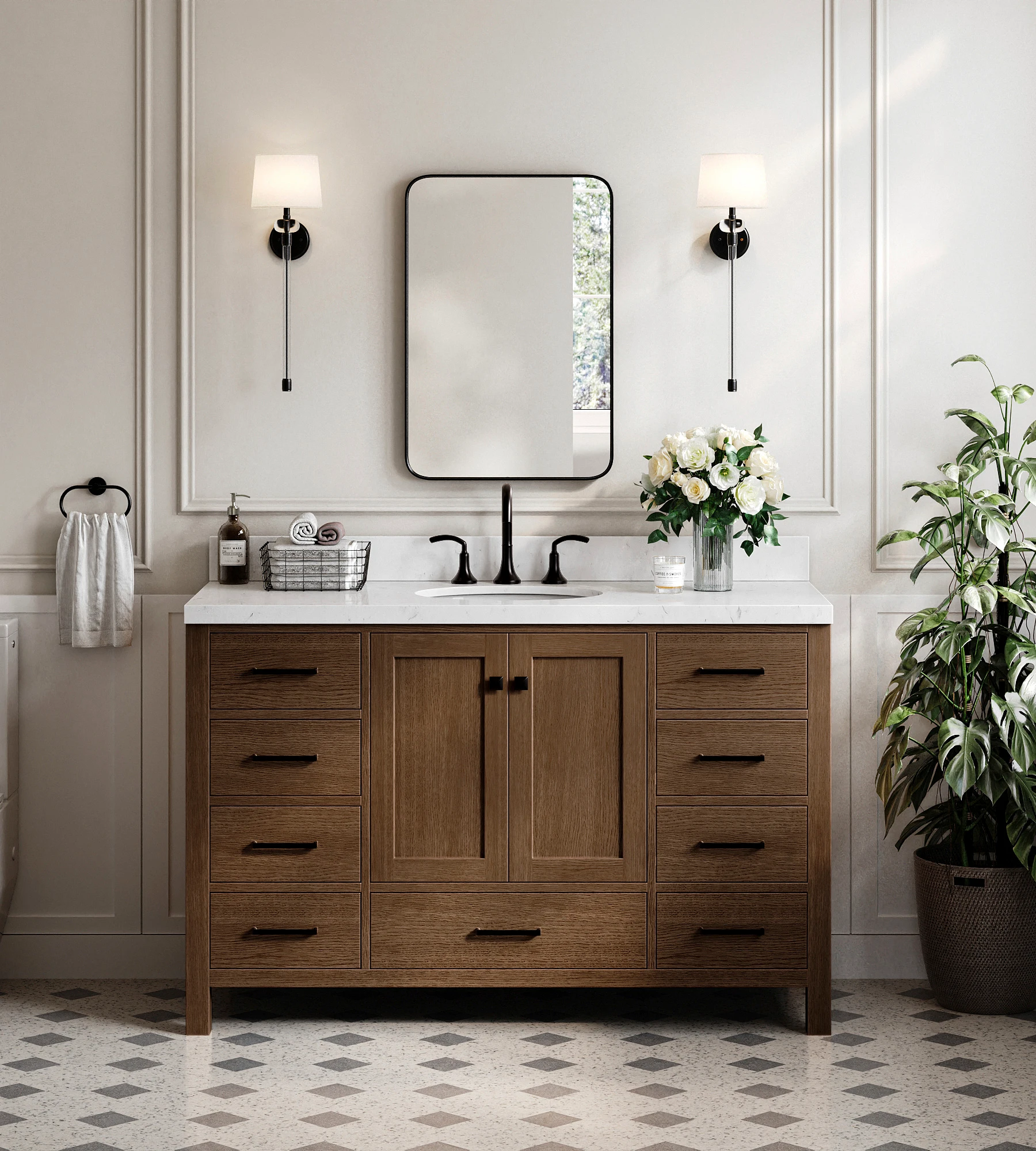ARIEL Cambridge 54 Inch Single Oval Sink Bathroom Vanity With Carrara White Quartz Countertop 1.5 Inch In Brown Oak