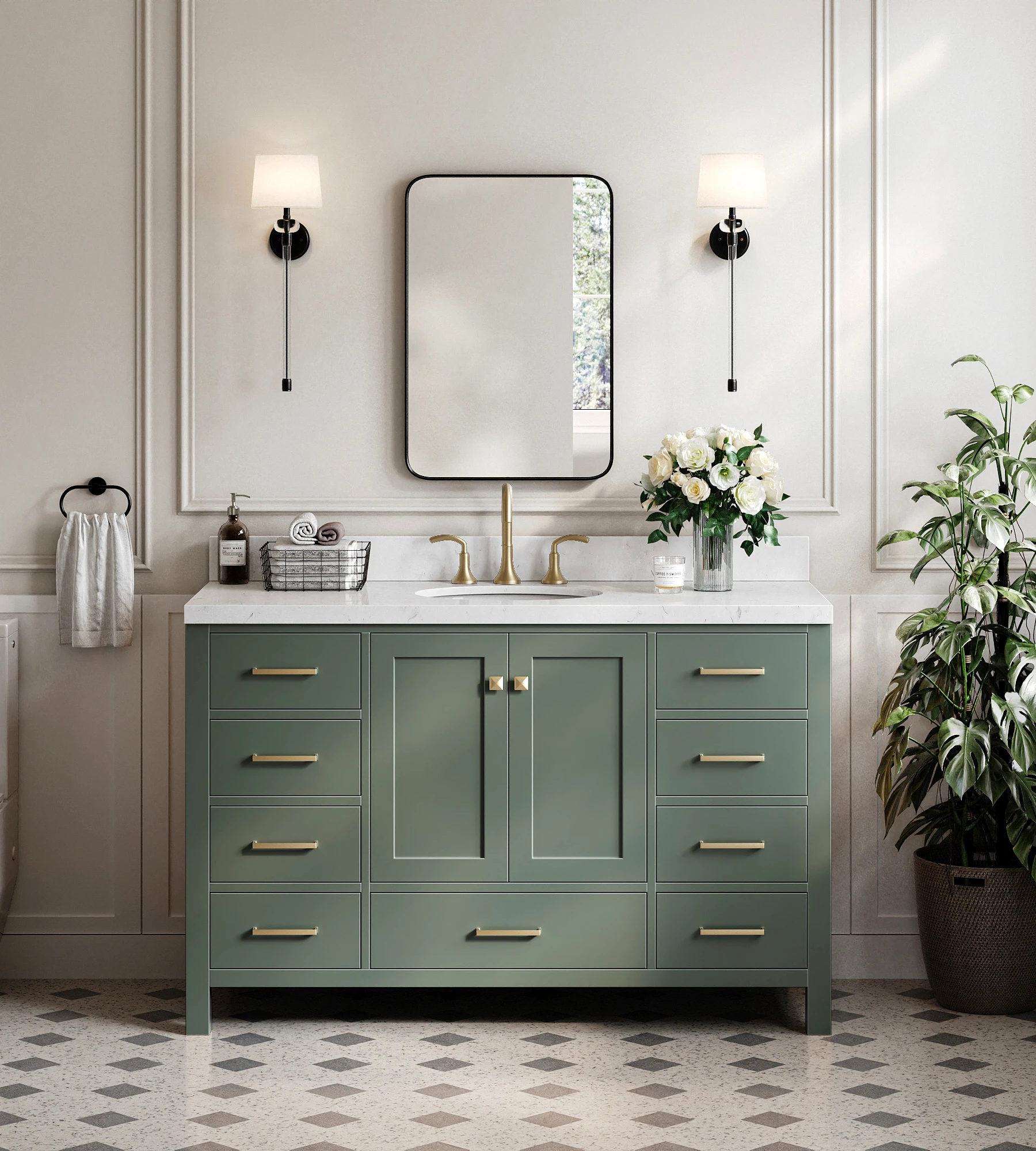 ARIEL Cambridge 54 Inch Single Oval Sink Bathroom Vanity With Carrara White Quartz Countertop 1.5 Inch In Vintage Sage Green