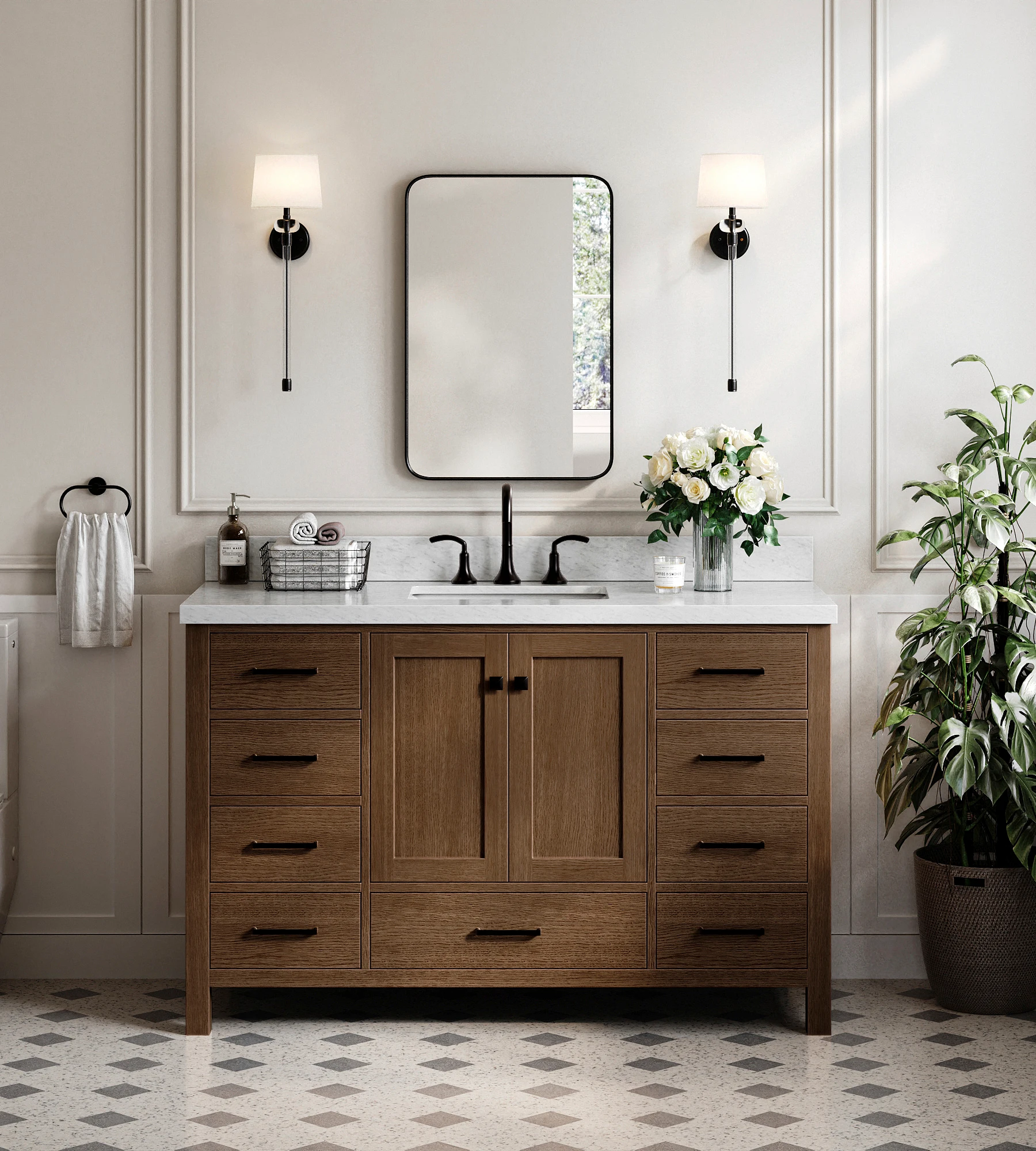 ARIEL Cambridge 55 Inch Single Rectangle Sink Bathroom Vanity With Carrara White Marble Countertop 1.5 Inch In Brown Oak