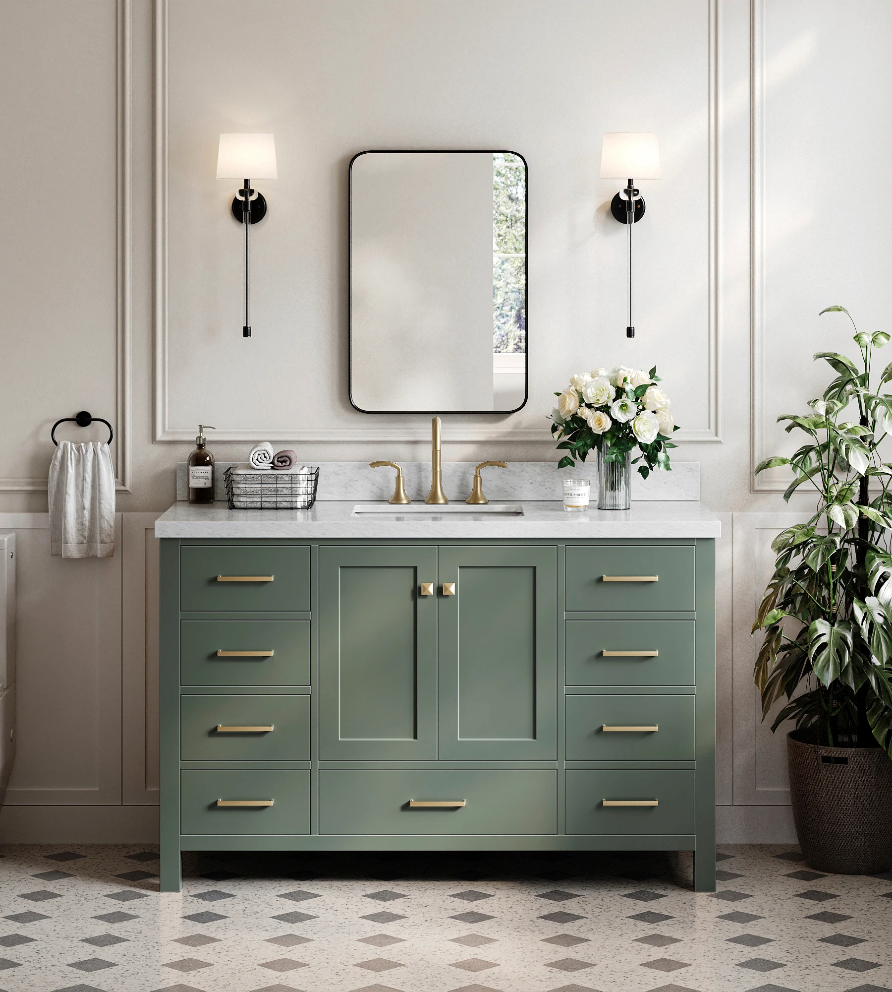 ARIEL Cambridge 54 Inch Single Sink Base Cabinet In Vintage Sage Green
