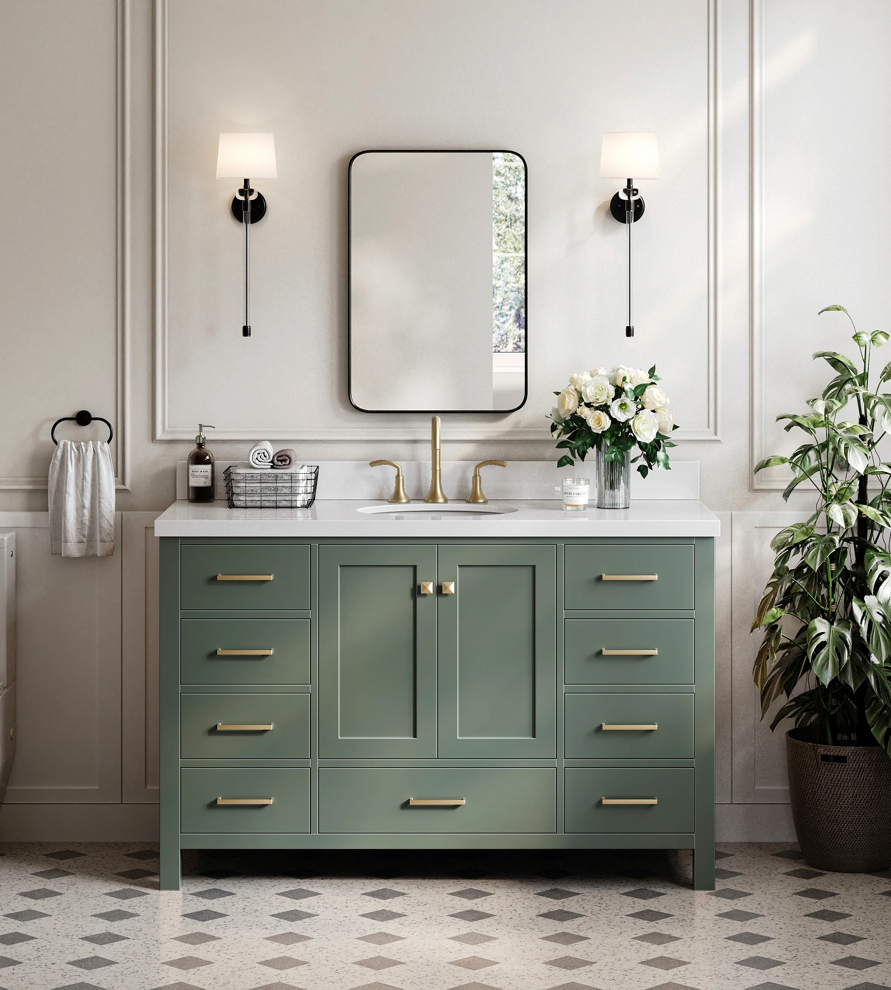 ARIEL Cambridge 55 Inch Single Oval Sink Bathroom Vanity With Pure White Quartz Countertop 1.5 Inch In Vintage Sage Green