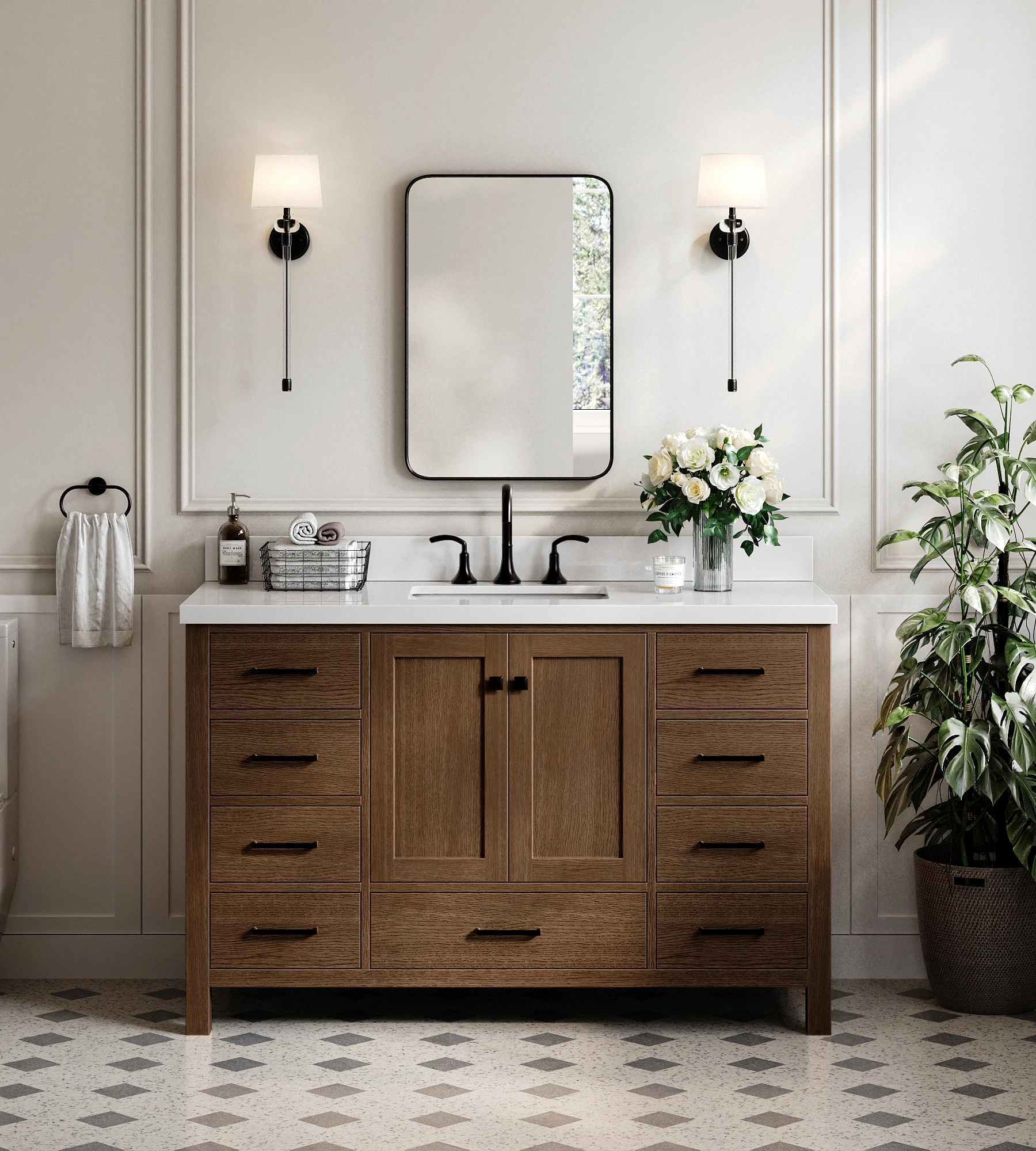 ARIEL Cambridge 55 Inch Single Rectangle Sink Bathroom Vanity With Pure White Quartz Countertop 1.5 Inch In Brown Oak