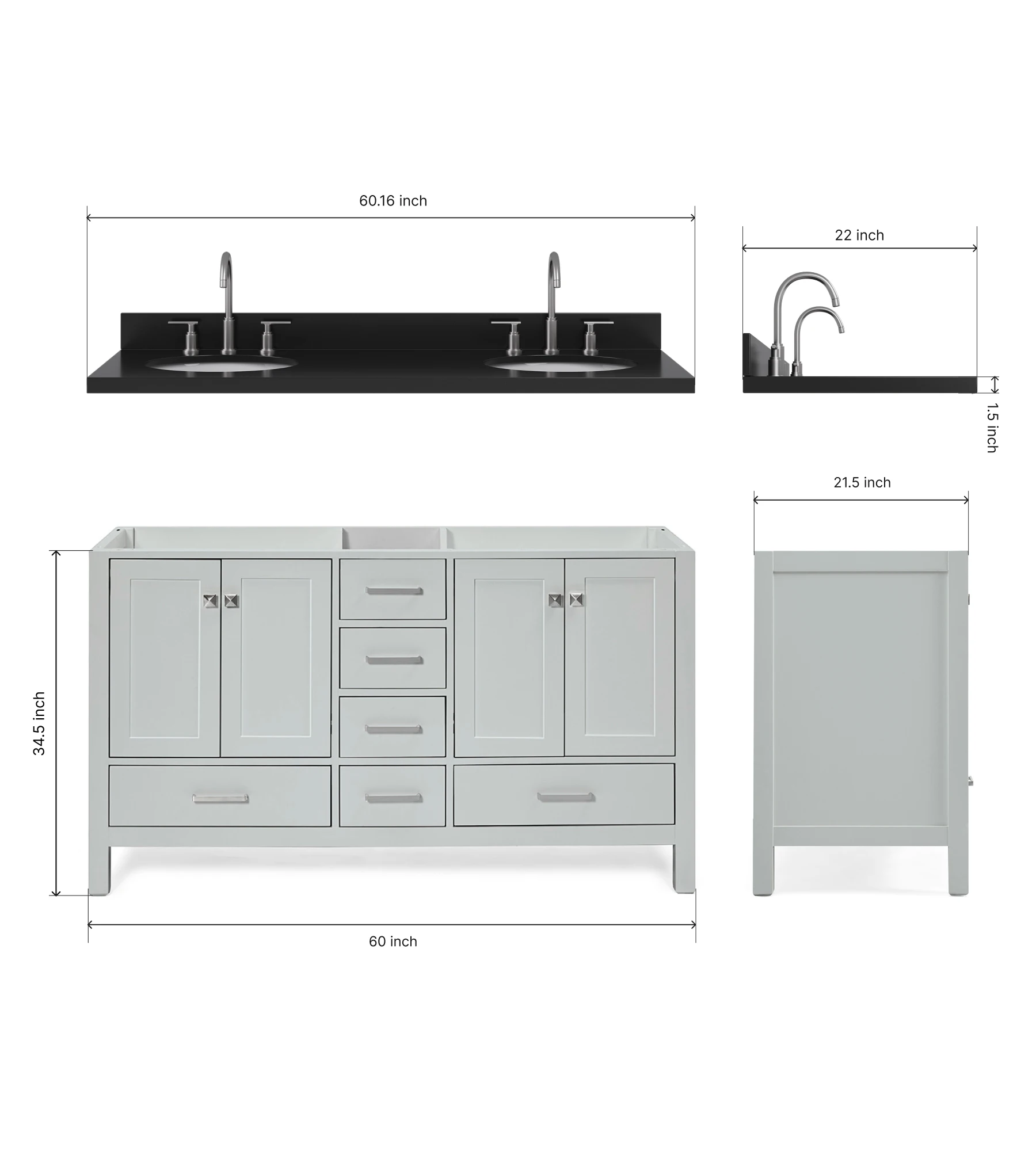 ARIEL Cambridge 60 Inch Double Oval Sink Bathroom Vanity With Carbon Black Quartz Countertop 1.5 Inch In Grey