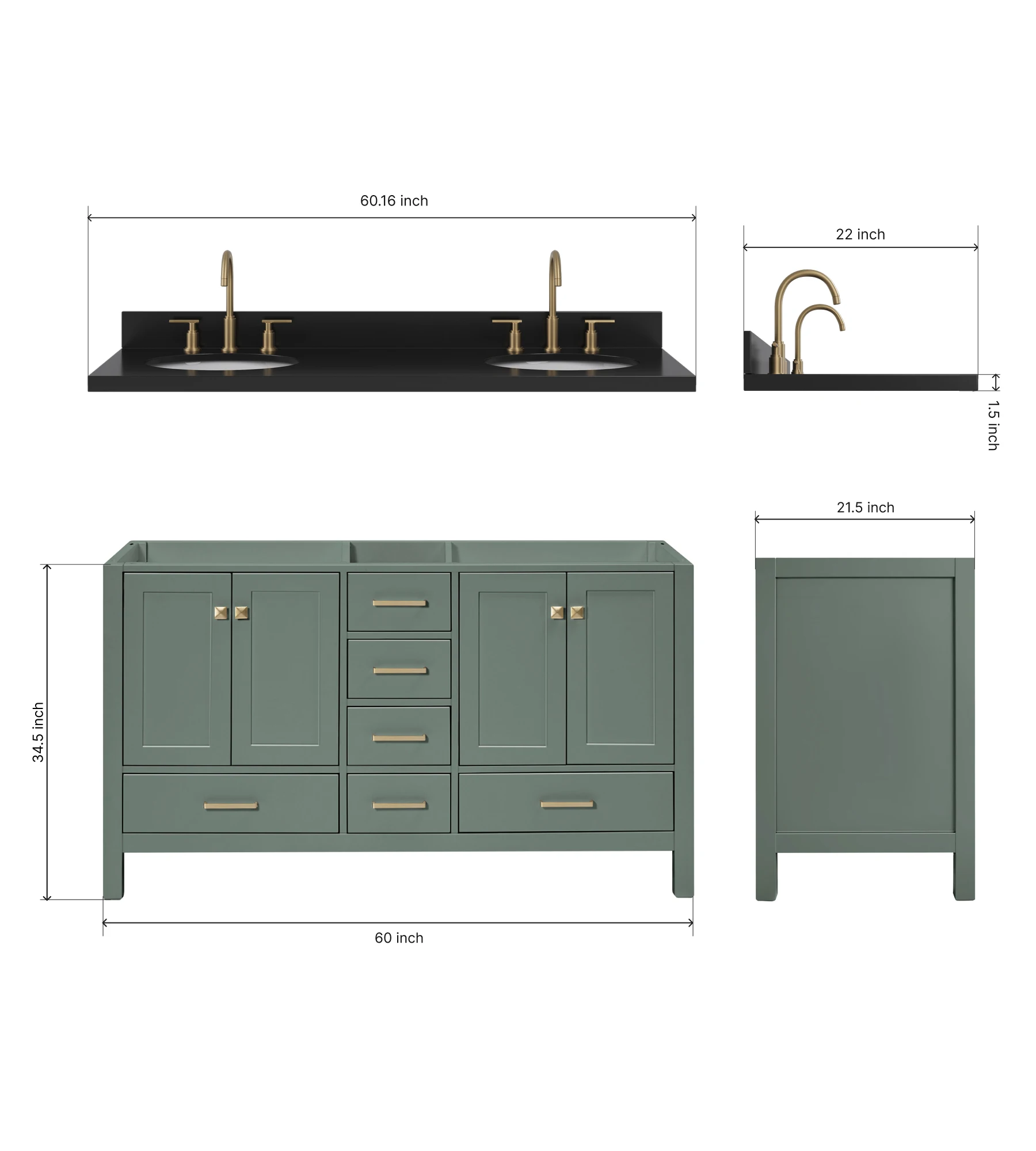 ARIEL Cambridge 60 Inch Double Oval Sink Bathroom Vanity With Carbon Black Quartz Countertop 1.5 Inch In Vintage Sage Green