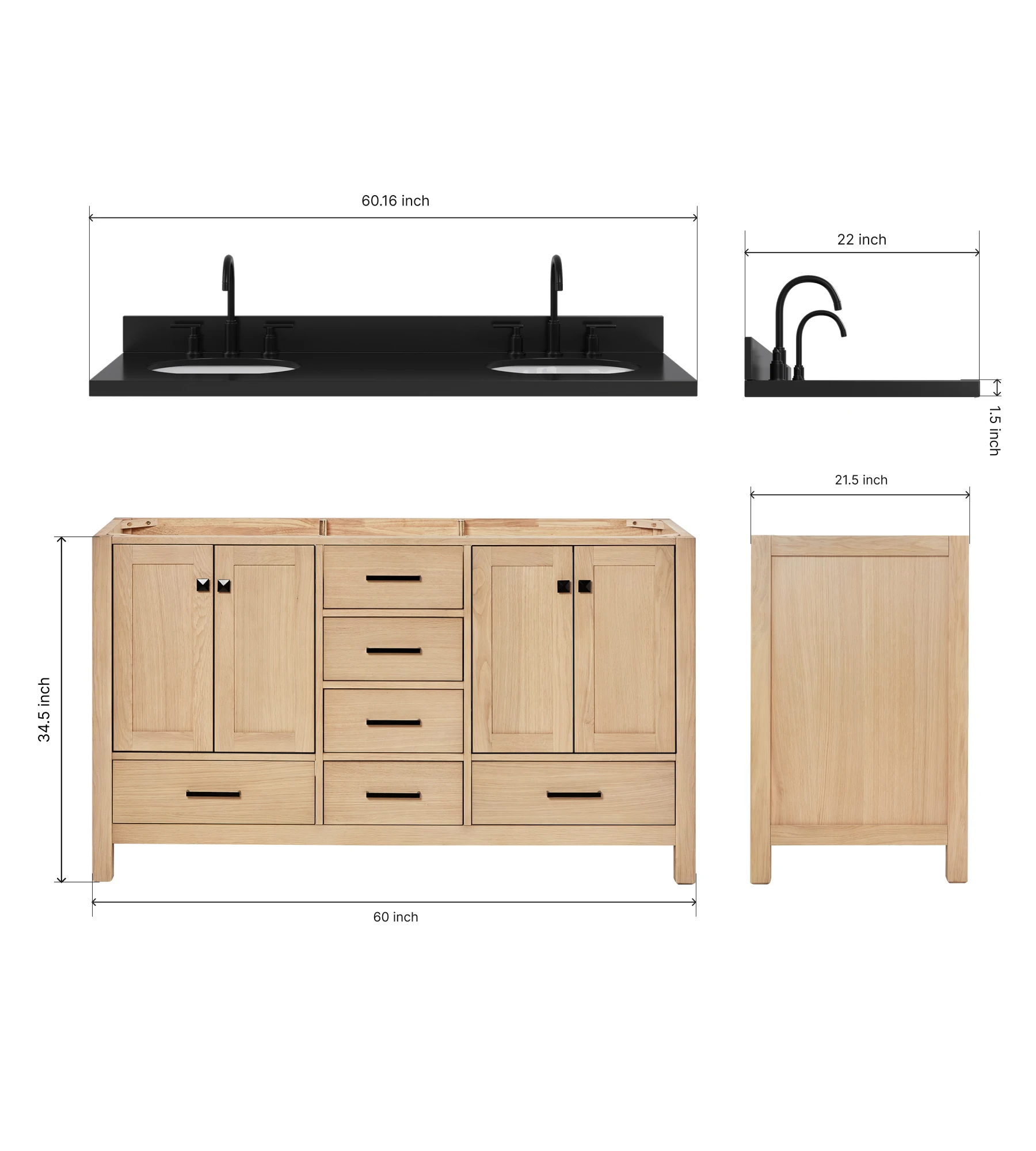 ARIEL Cambridge 60 Inch Double Oval Sink Bathroom Vanity With Carbon Black Quartz Countertop 1.5 Inch In Oak