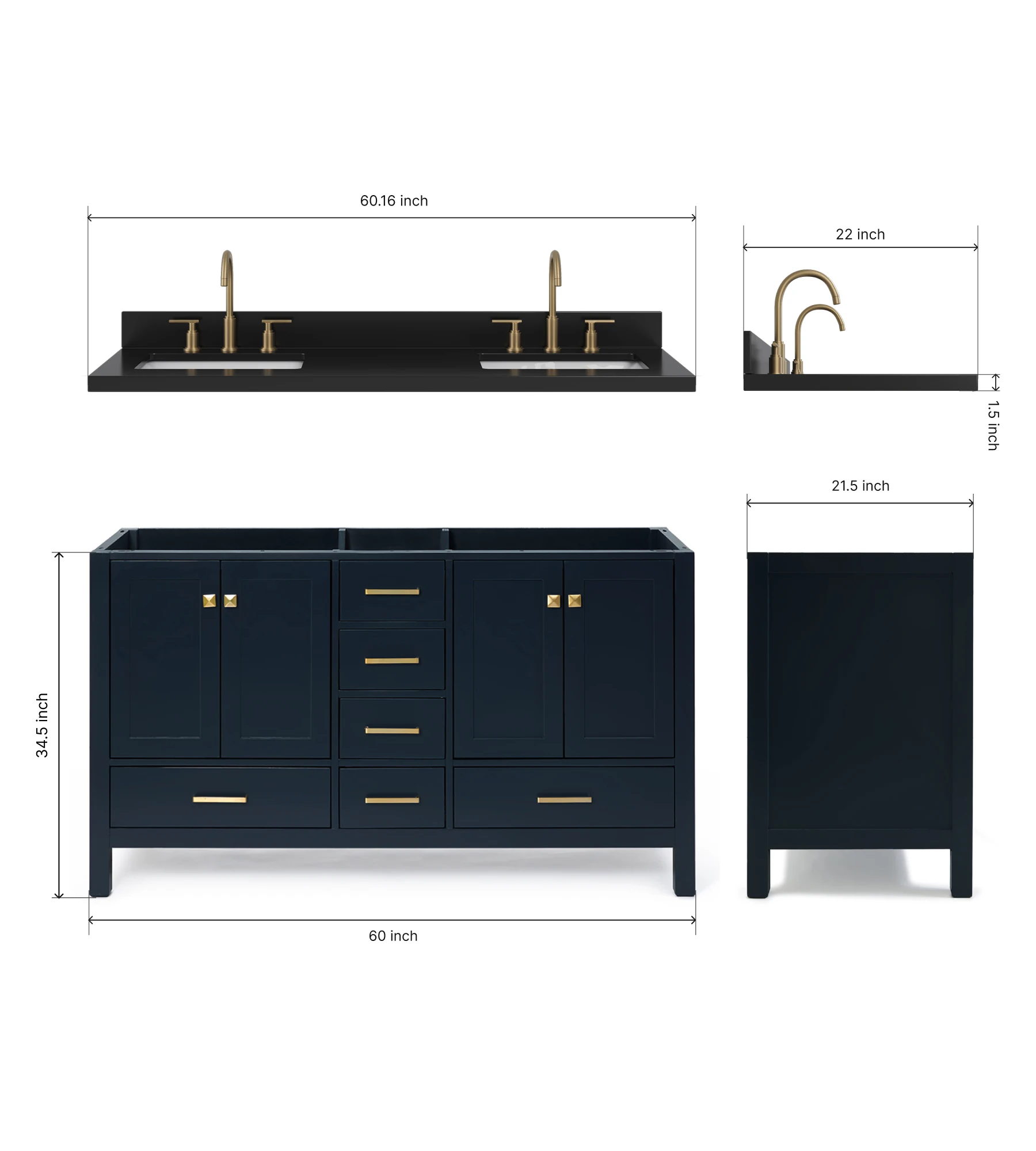 ARIEL Cambridge 60 Inch Double Rectangle Sink Bathroom Vanity With Carbon Black Quartz Countertop 1.5 Inch In Midnight Blue