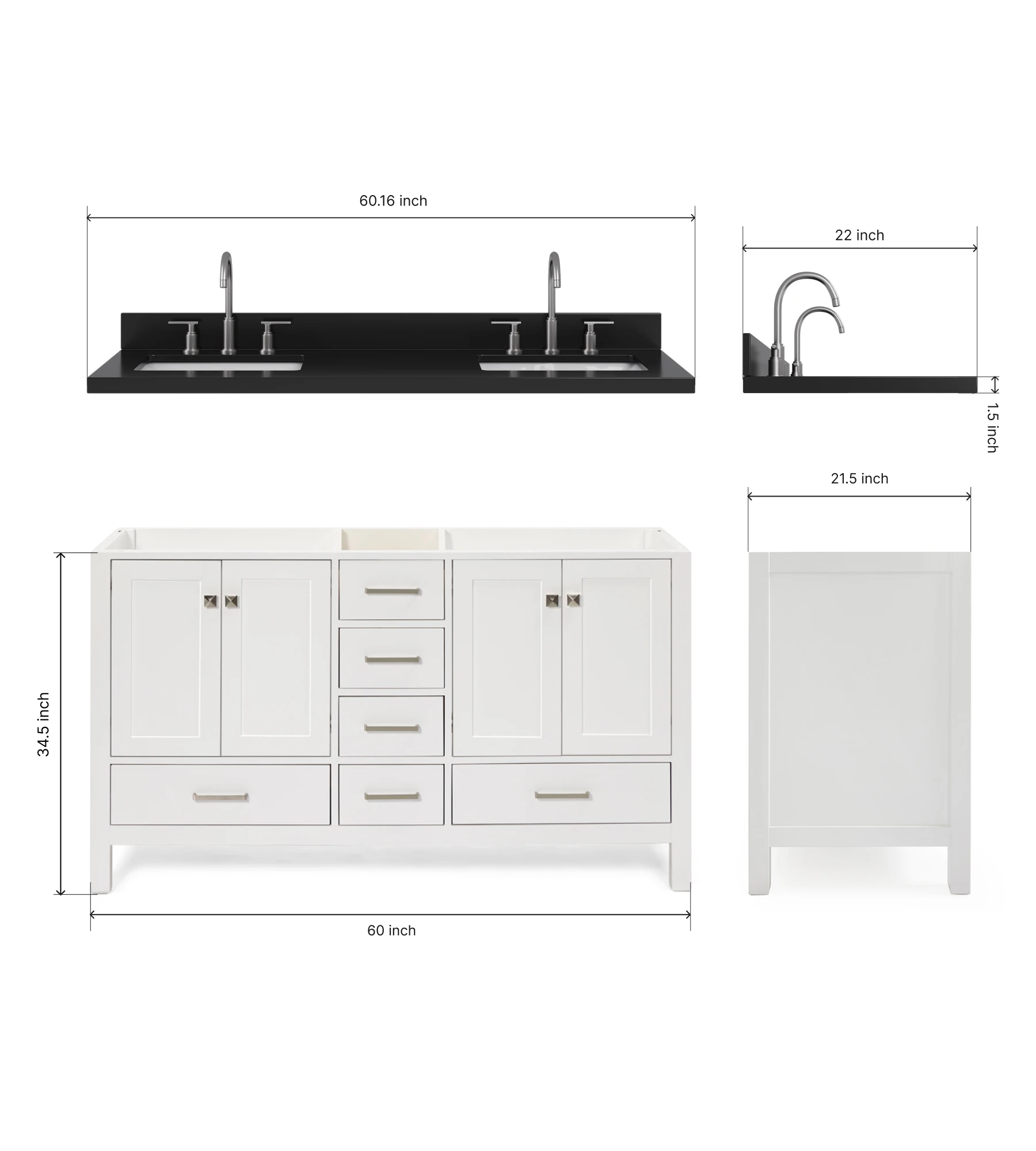 ARIEL Cambridge 60 Inch Double Rectangle Sink Bathroom Vanity With Carbon Black Quartz Countertop 1.5 Inch In White