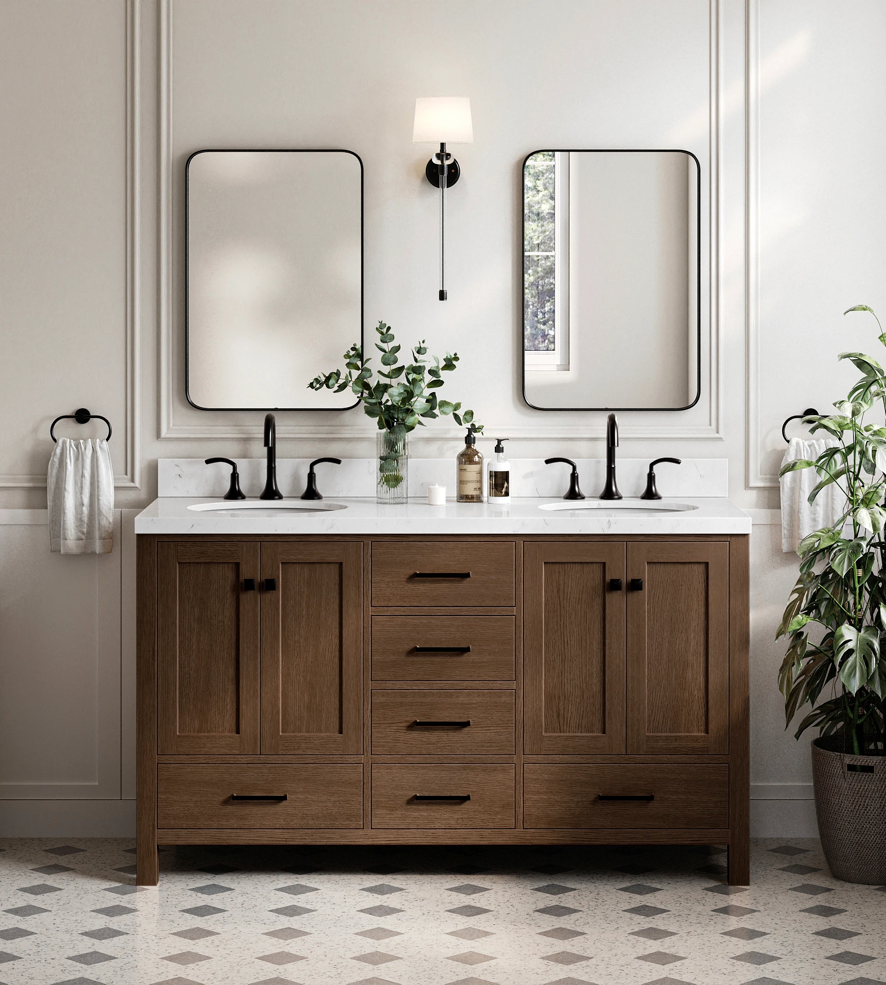 ARIEL Cambridge 60 Inch Double Oval Sink Bathroom Vanity With Carrara White Quartz Countertop 1.5 Inch In Brown Oak