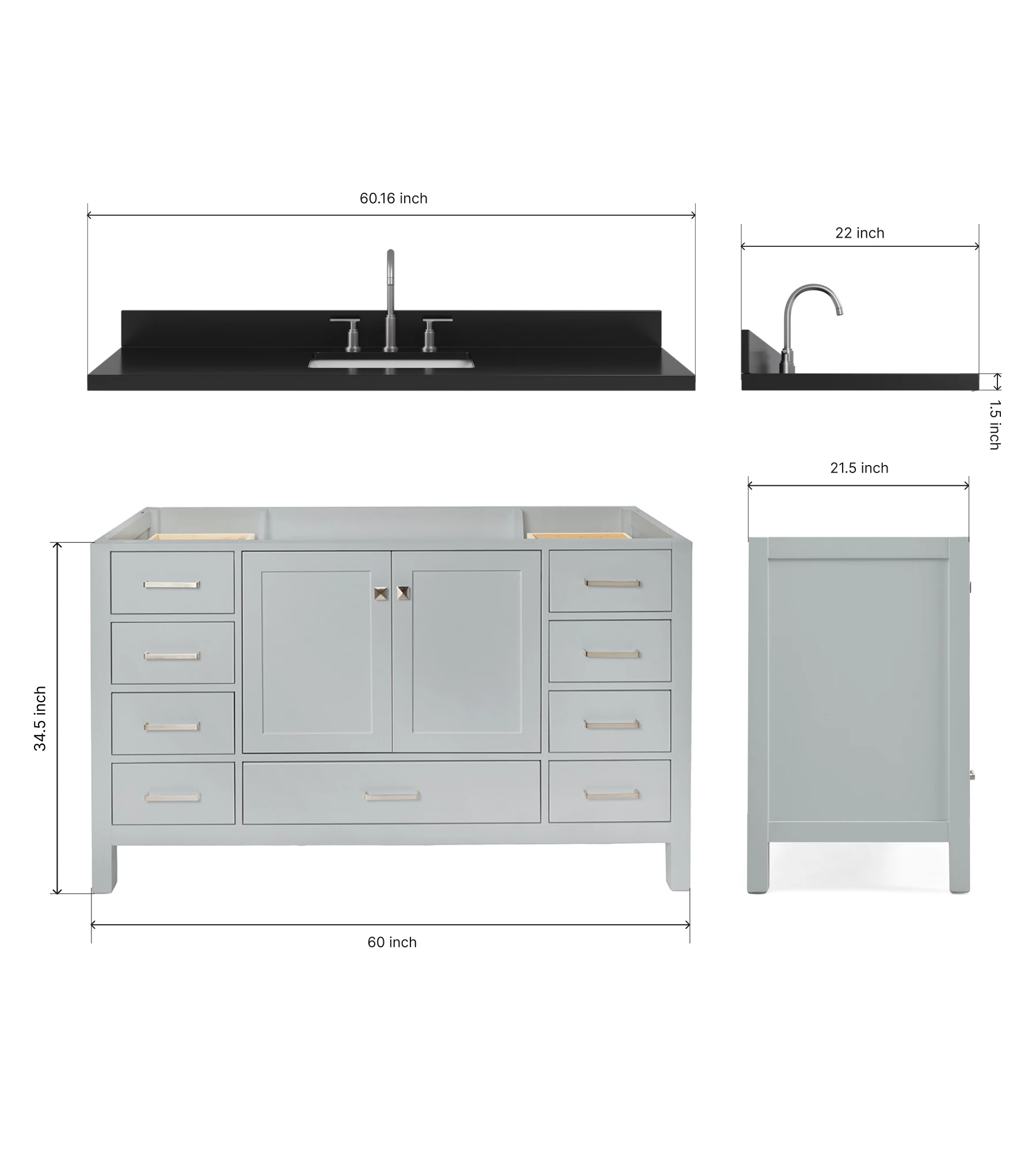ARIEL Cambridge 60 Inch Single Rectangle Sink Bathroom Vanity With Carbon Black Quartz Countertop 1.5 Inch In Grey