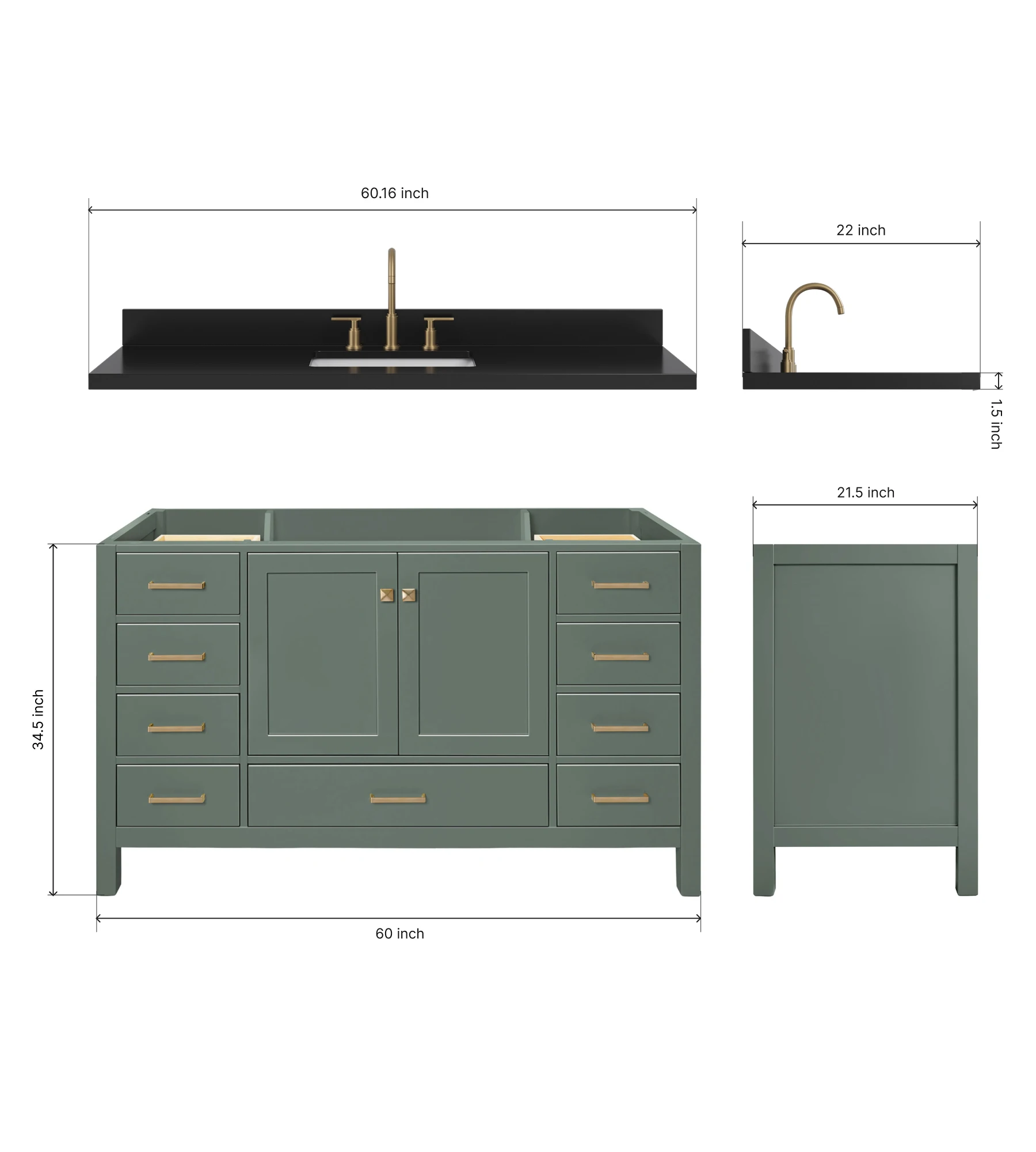ARIEL Cambridge 60 Inch Single Rectangle Sink Bathroom Vanity With Carbon Black Quartz Countertop 1.5 Inch In Vintage Sage Green