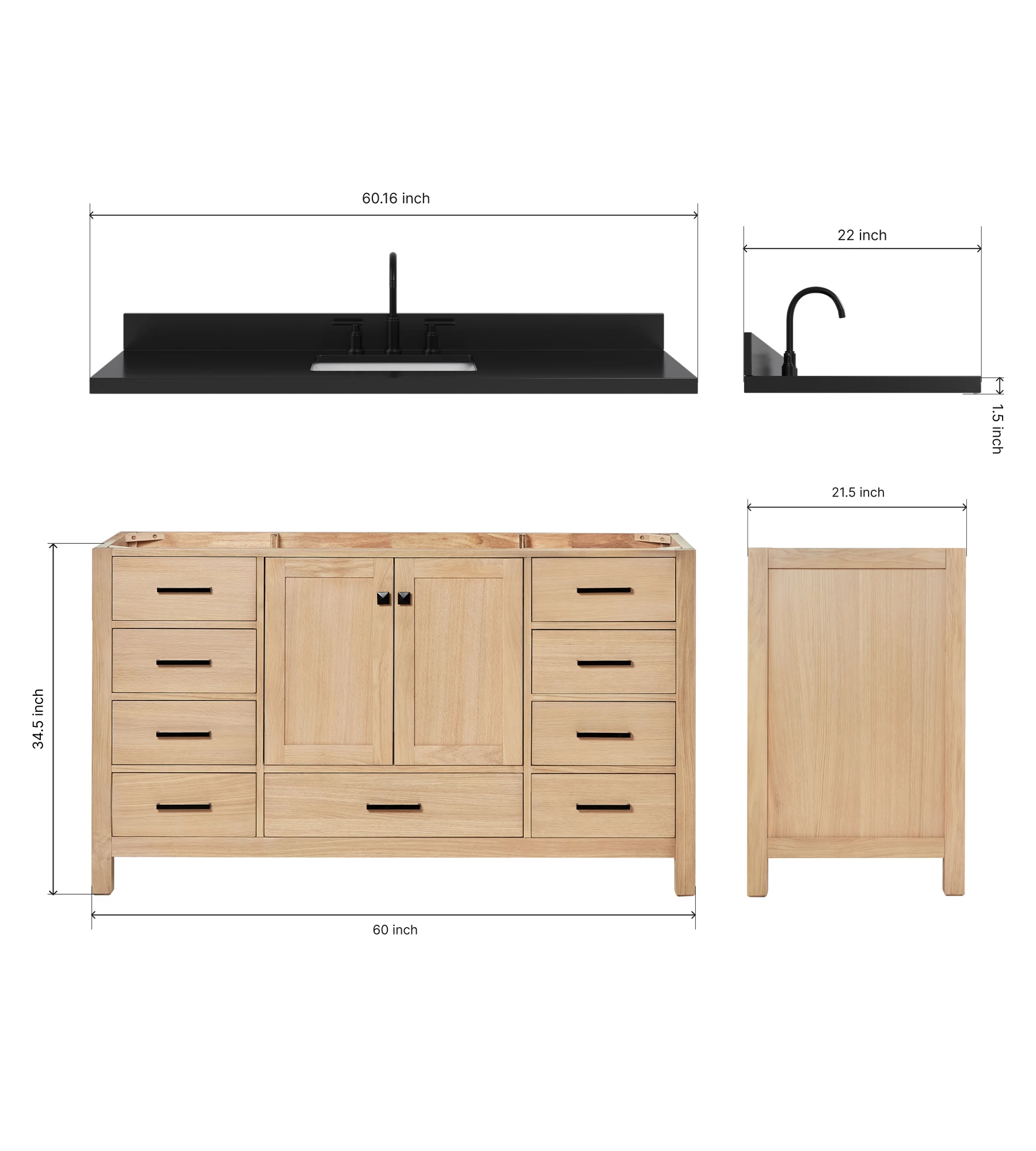 ARIEL Cambridge 60 Inch Single Rectangle Sink Bathroom Vanity With Carbon Black Quartz Countertop 1.5 Inch In Oak