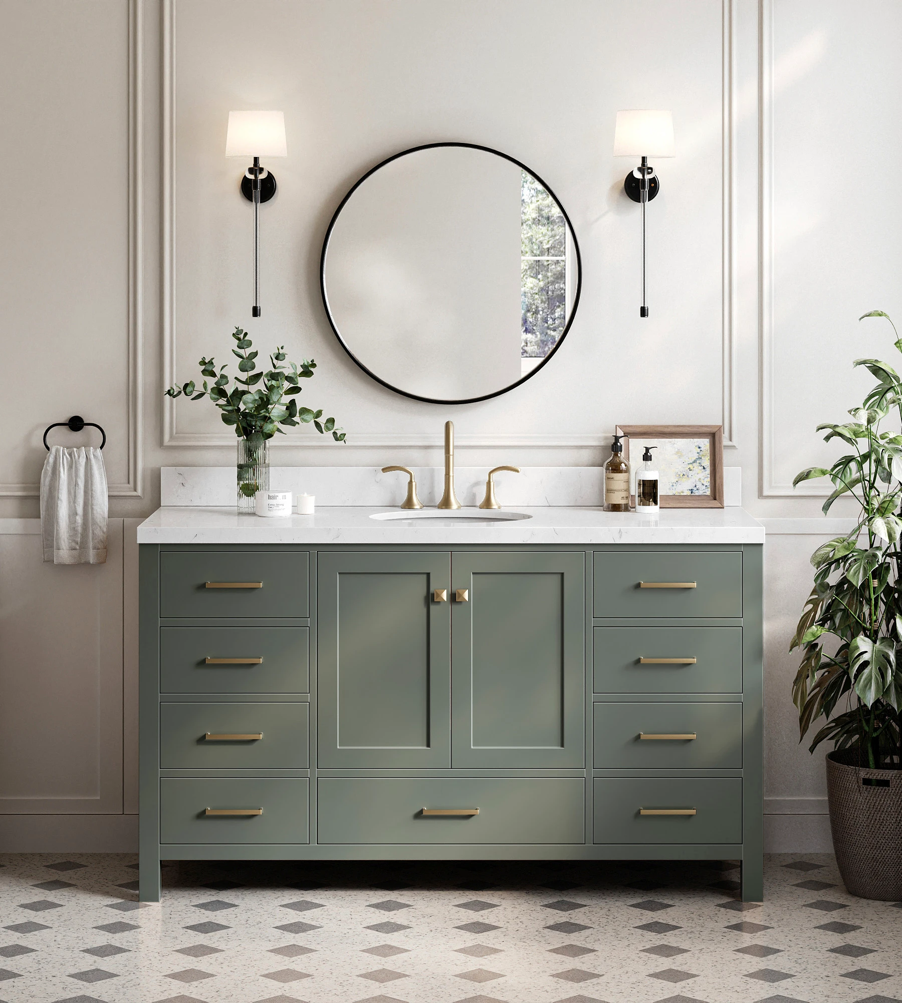ARIEL Cambridge 60 Inch Single Oval Sink Bathroom Vanity With Carrara White Quartz Countertop 1.5 Edge In Vintage Sage Green
